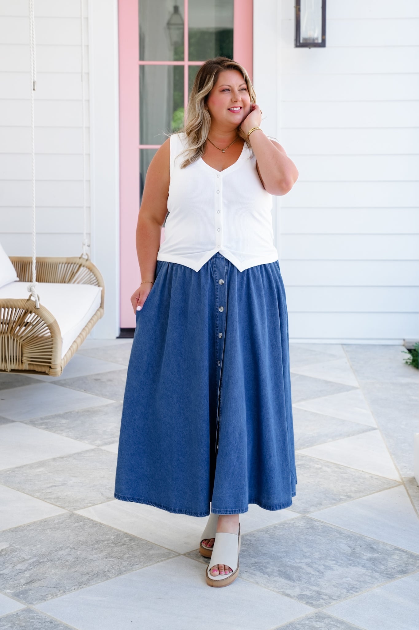 Plus/Reg Ribbed Knit V-Neck Snap Button Down Vest
