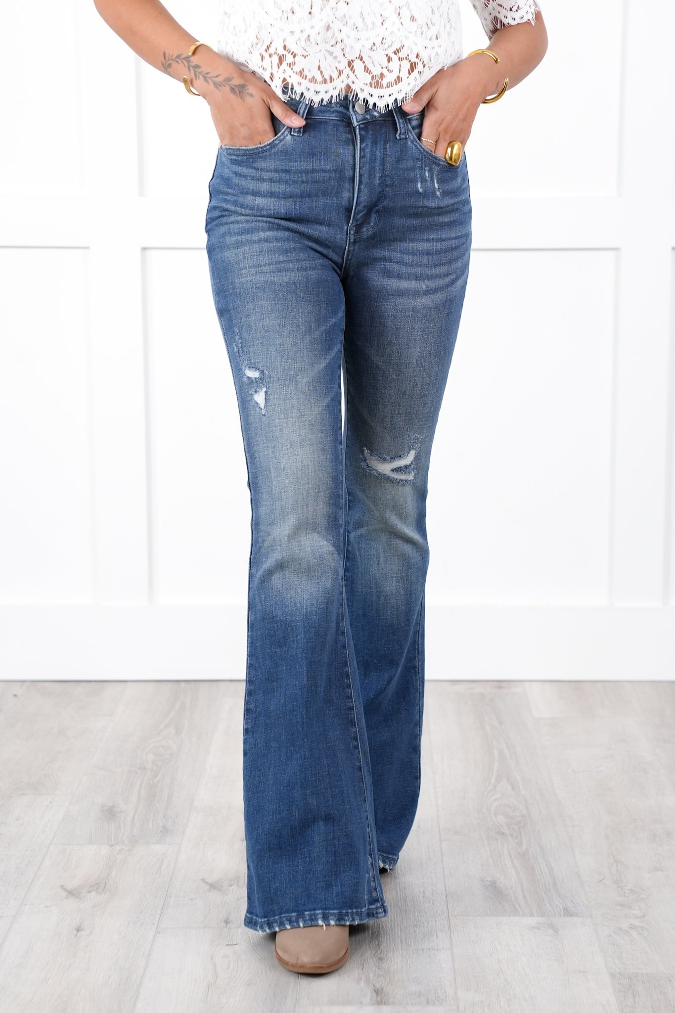 Judy Blue High Rise Dark Wash with Contrast Distressed Flare Jeans