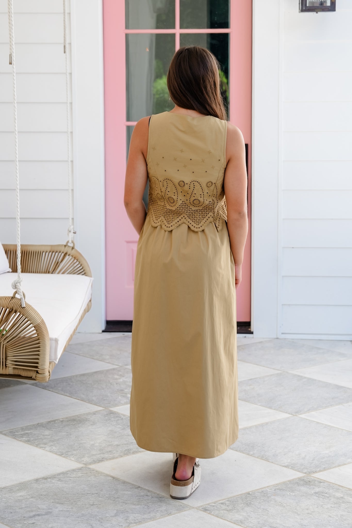 Eyelet Poplin Sleeveless Maxi Dress with Front Tie Detail
