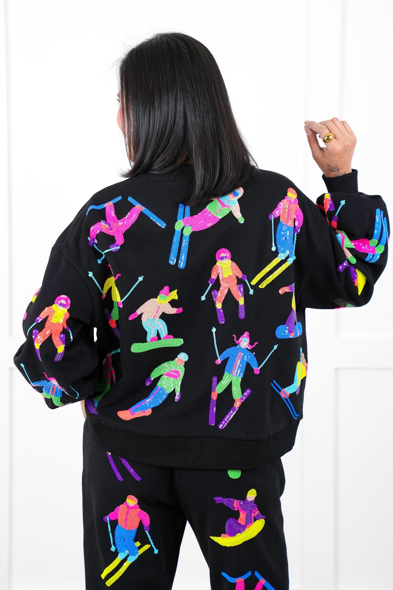 Plus/Reg Queen Of Sparkles All Over Neon Sequin Skiers Pullover Sweatshirt