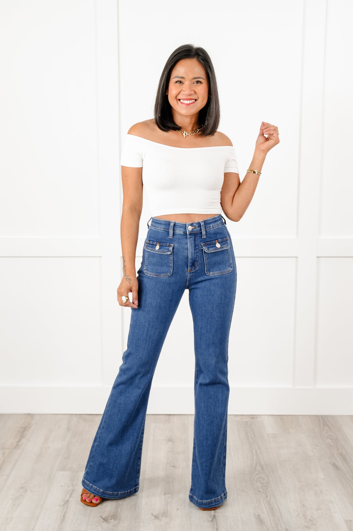 Special A High Rise Medium Wash Tummy Control Flare Jeans with Patch Pockets