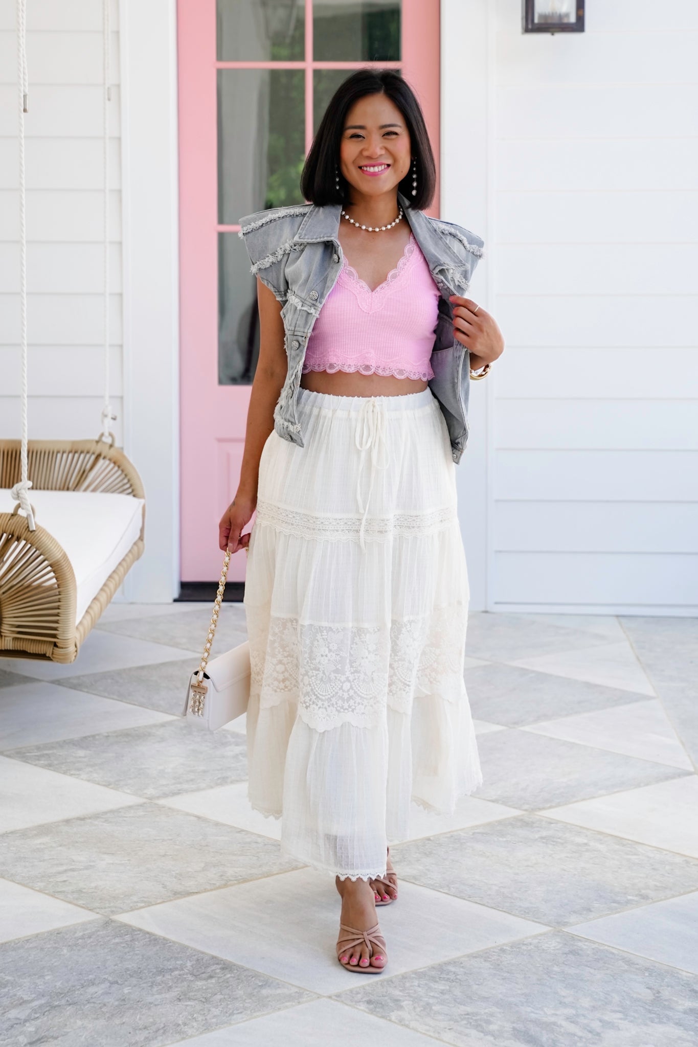 Elastic Waist Midi Skirt with Lace Detail