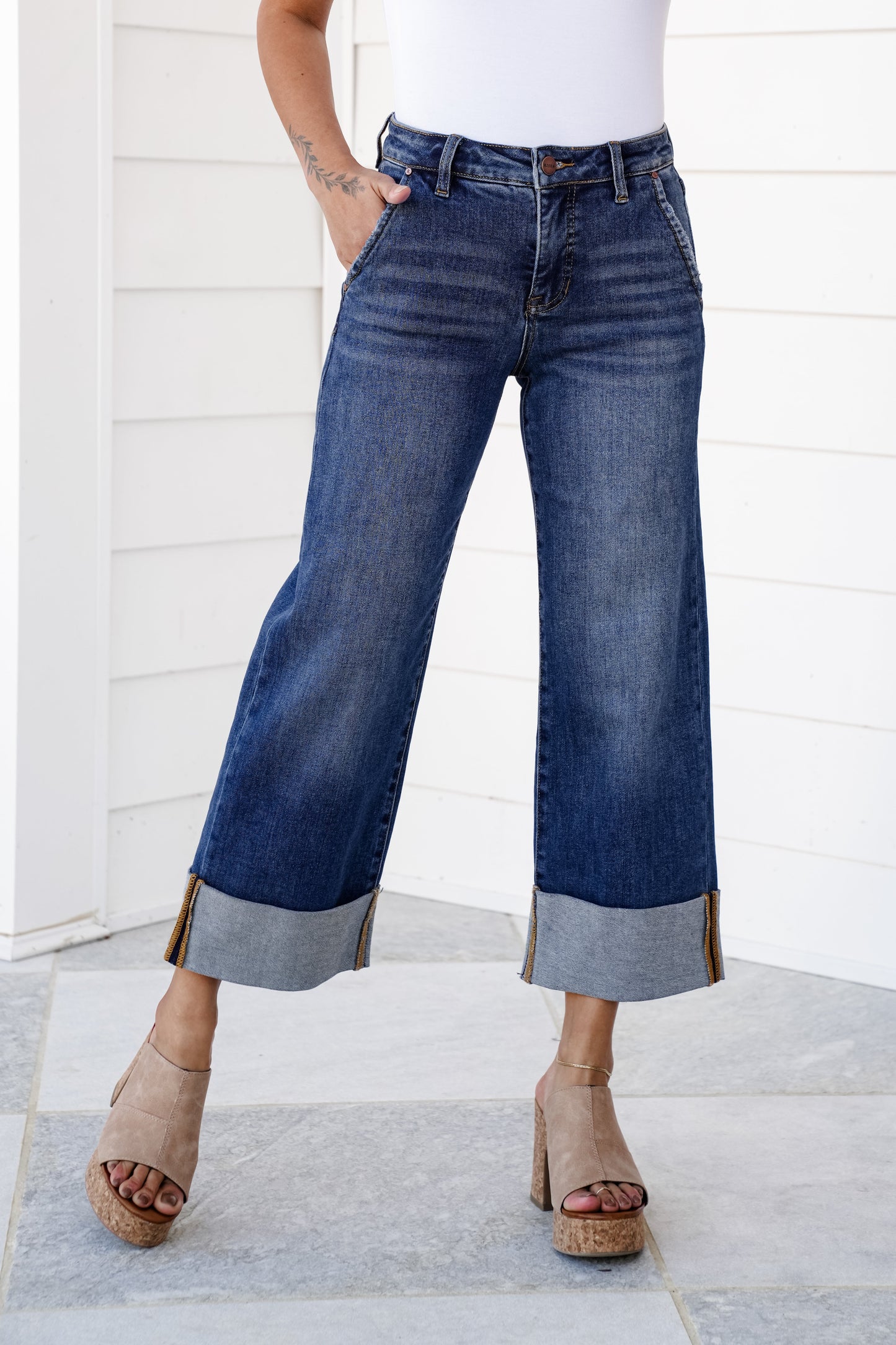 Risen High Rise Dark Wash Tummy Control Wide Leg Cuffed Jeans