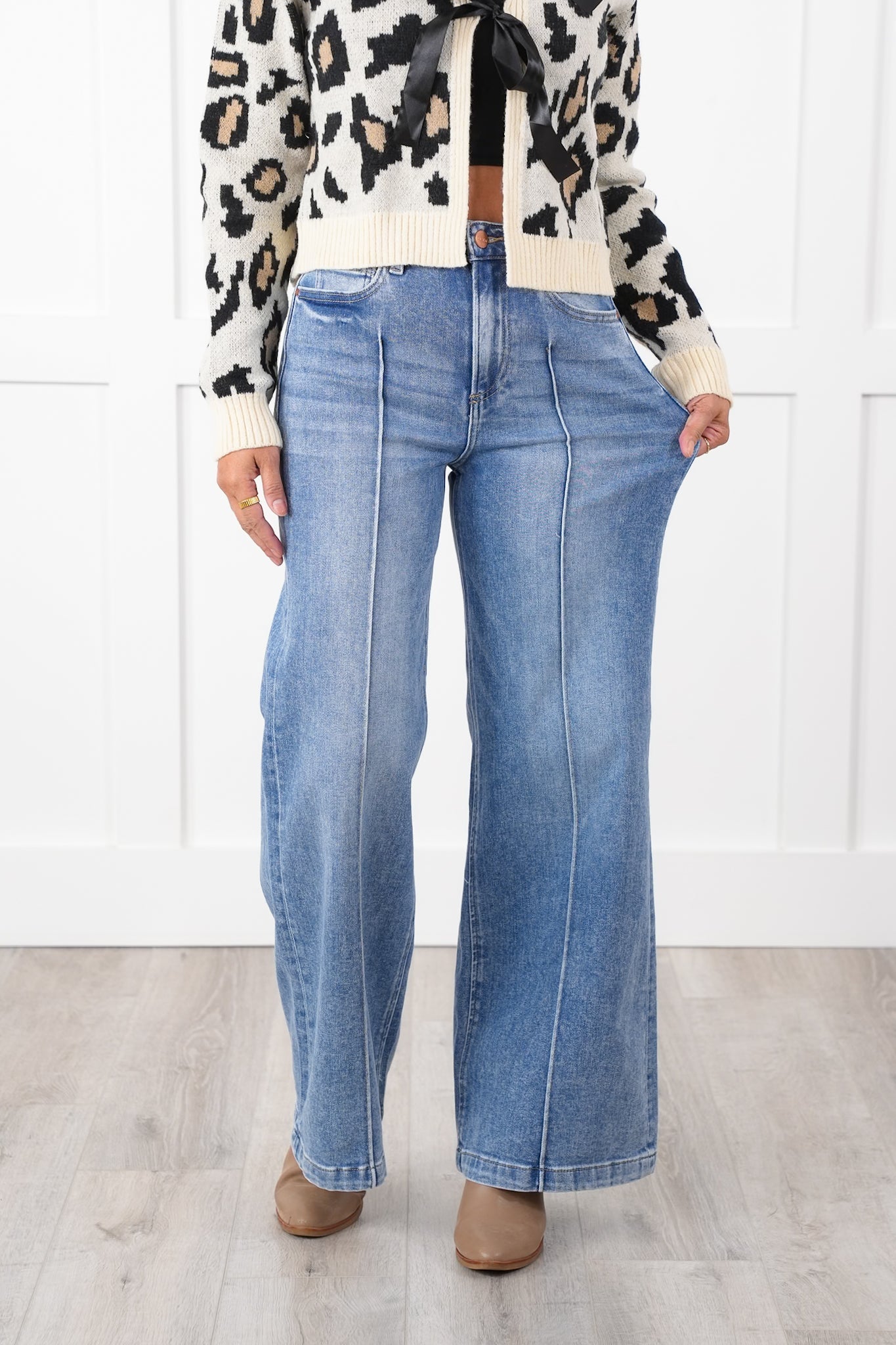 Risen High Rise Medium Wash Pintuck Detailed Wide Leg Jeans