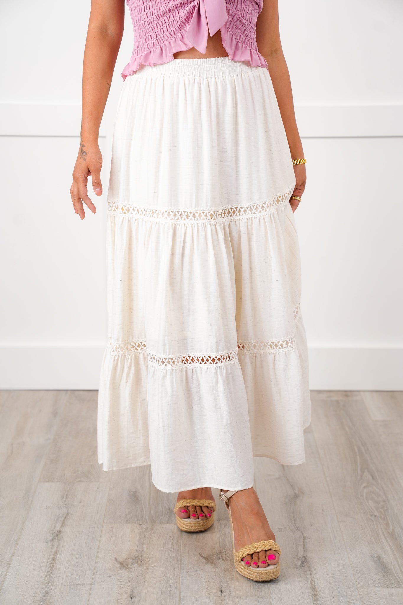 Linen Blend Elastic Waist Midi Skirt with Crochet Detail