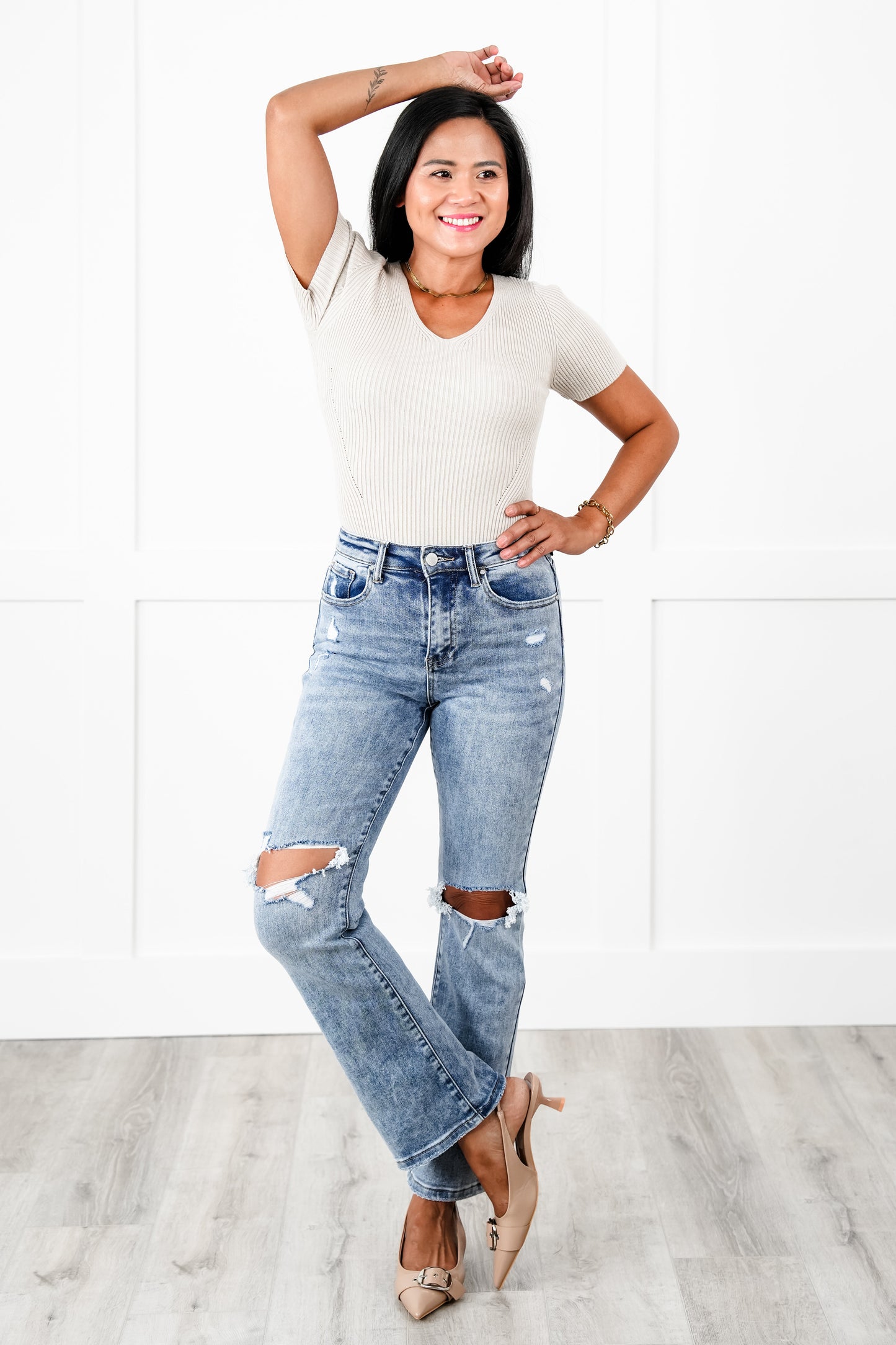 Risen Dressed to Impress High Rise Medium Wash Distressed Knee Ankle Flare Jeans
