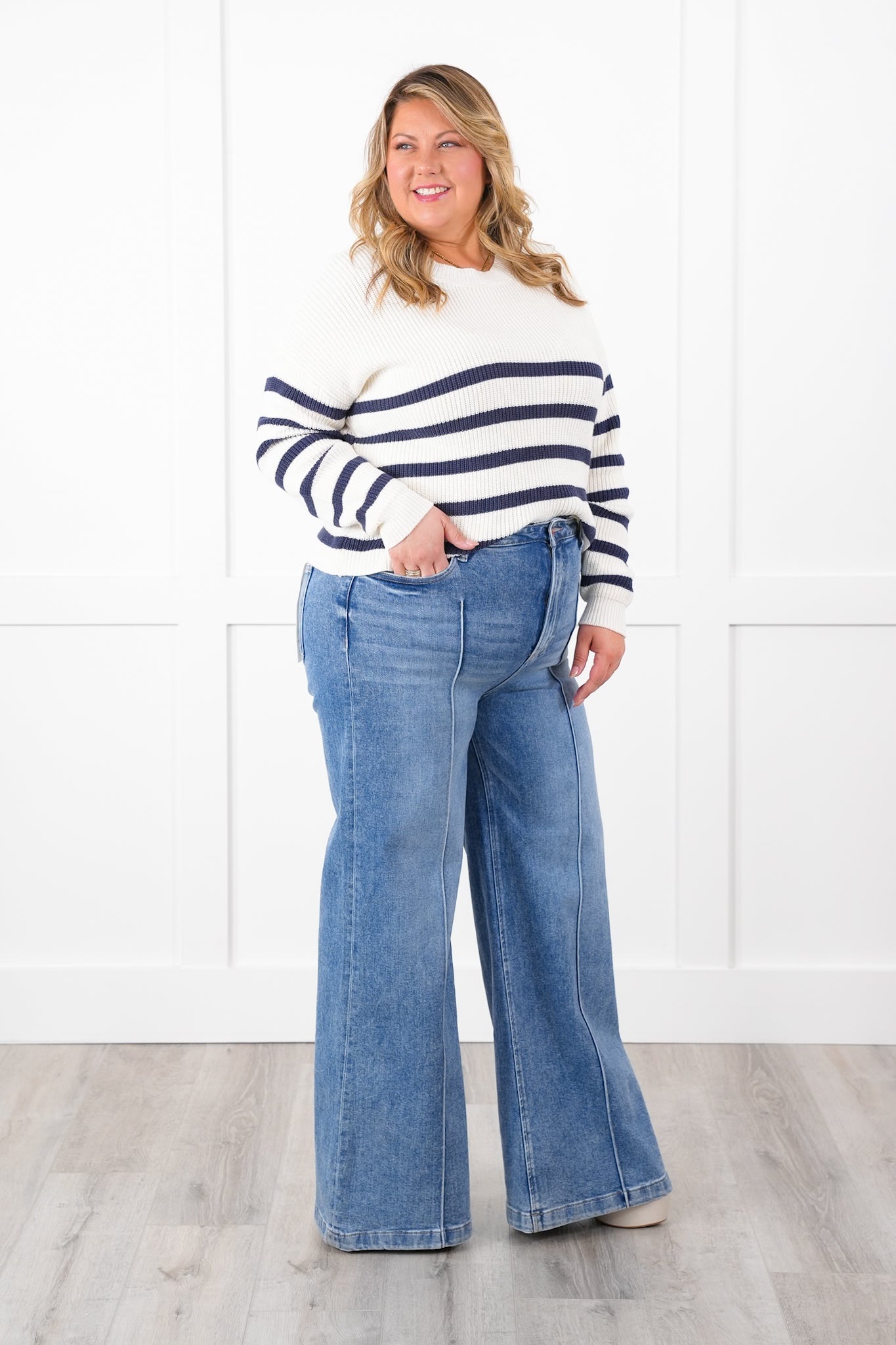 Risen High Rise Medium Wash Pintuck Detailed Wide Leg Jeans
