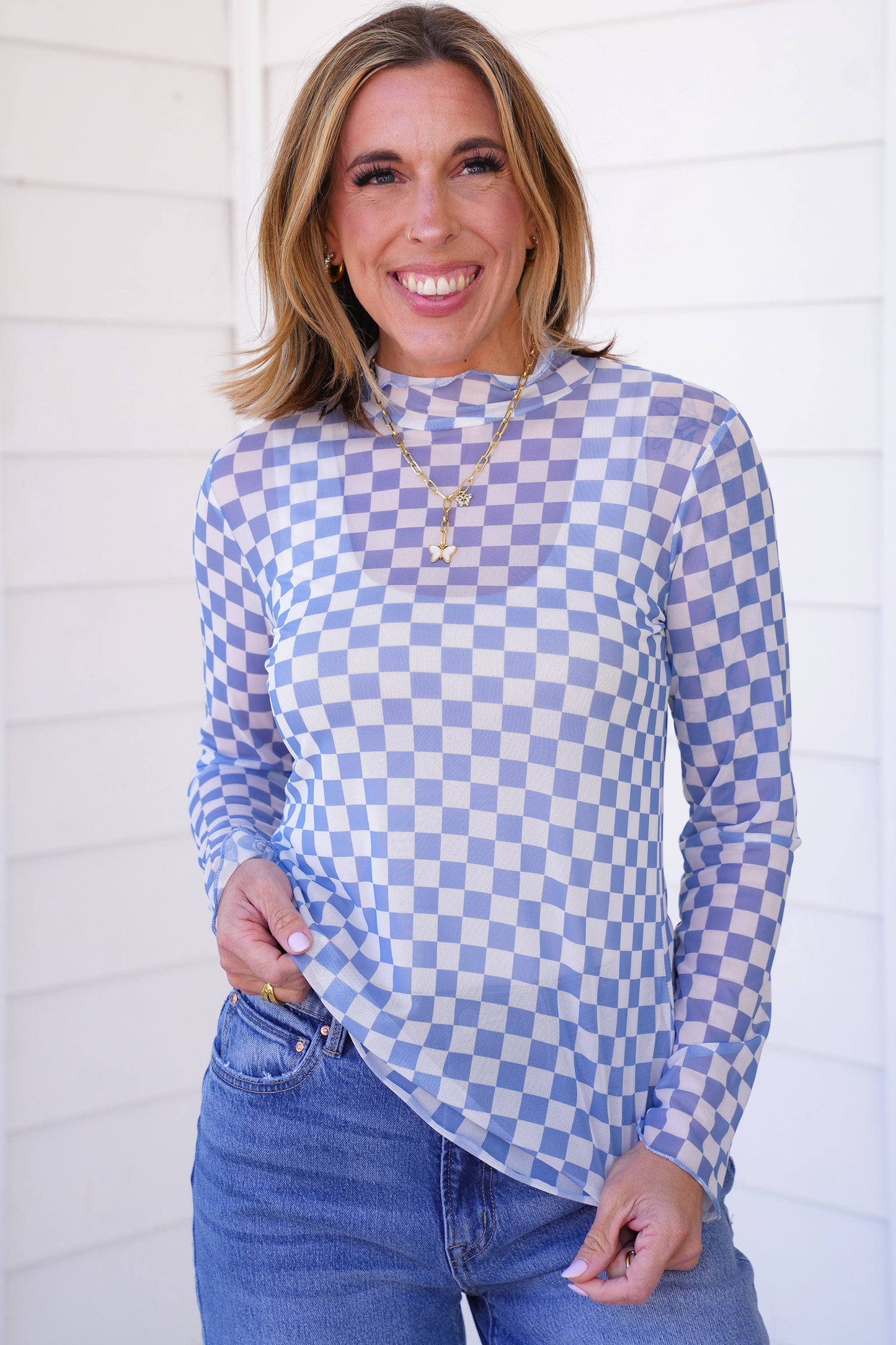Plus/Reg Checkered Mesh Long Sleeve Mock Neck Top