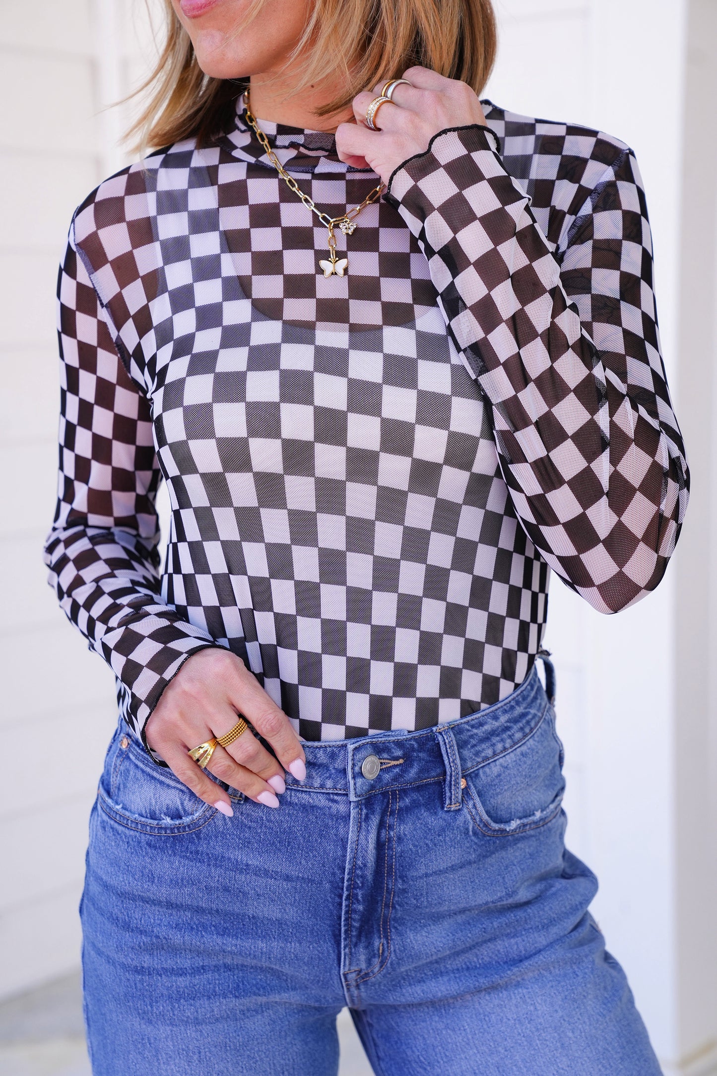 Plus/Reg Checkered Mesh Long Sleeve Mock Neck Top