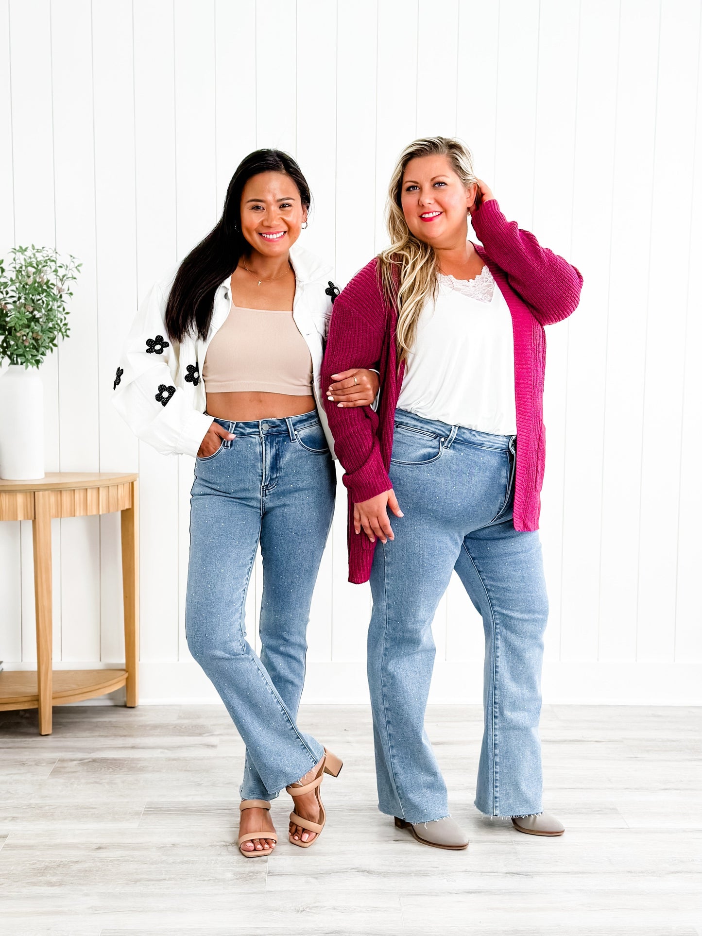 Risen Medium Wash High Rise Slim Straight Jeans With Rhinestones