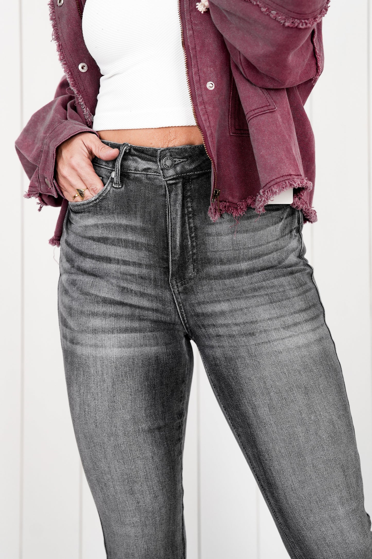 Judy Blue 50 Shades of Grey High Rise Grey Wash Tummy Control Skinny Jeans With Release Hem