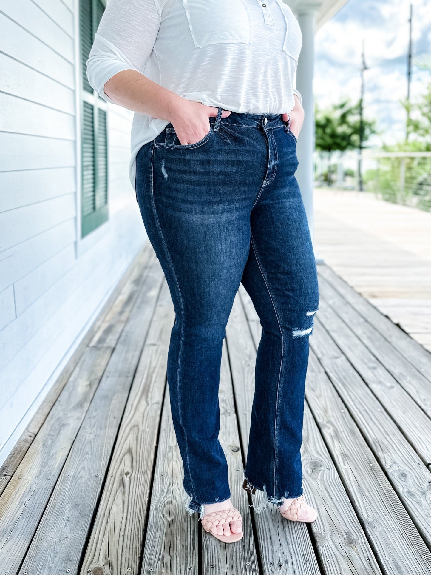 Plus/Reg Vervet High Rise Distressed Flare Jeans With Raw Hem