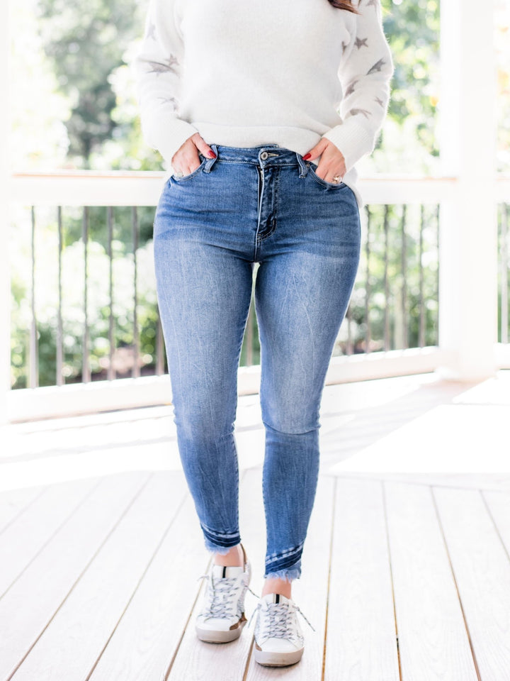 KanCan Medium Wash Skinny Jeans with Hem Detail - Freckled Poppy