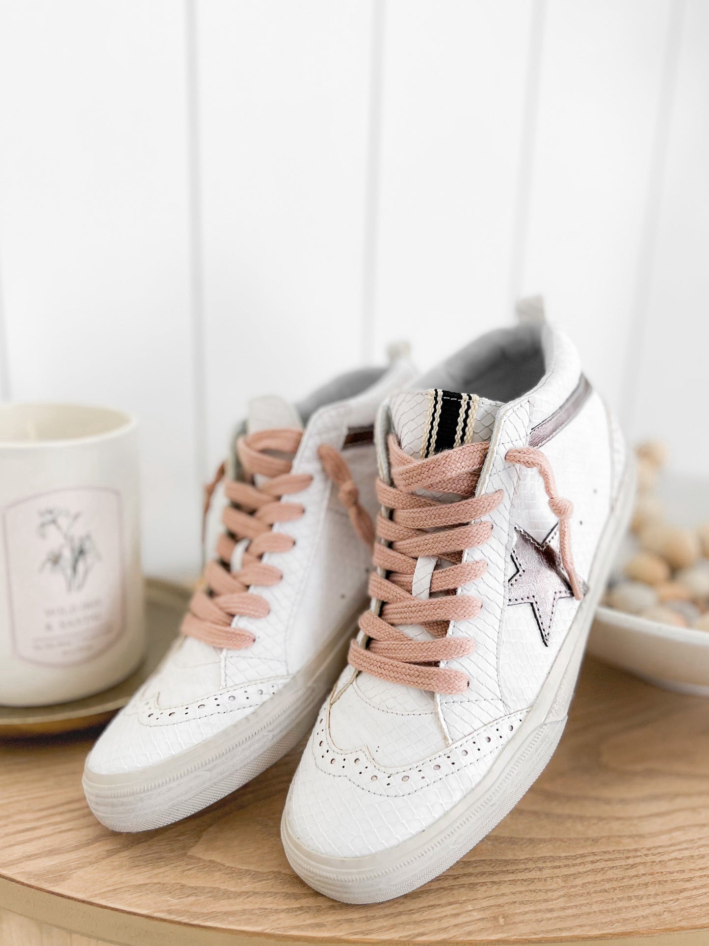 Shu Shop White Snake Texture Bronze Star Hi-Top Sneakers