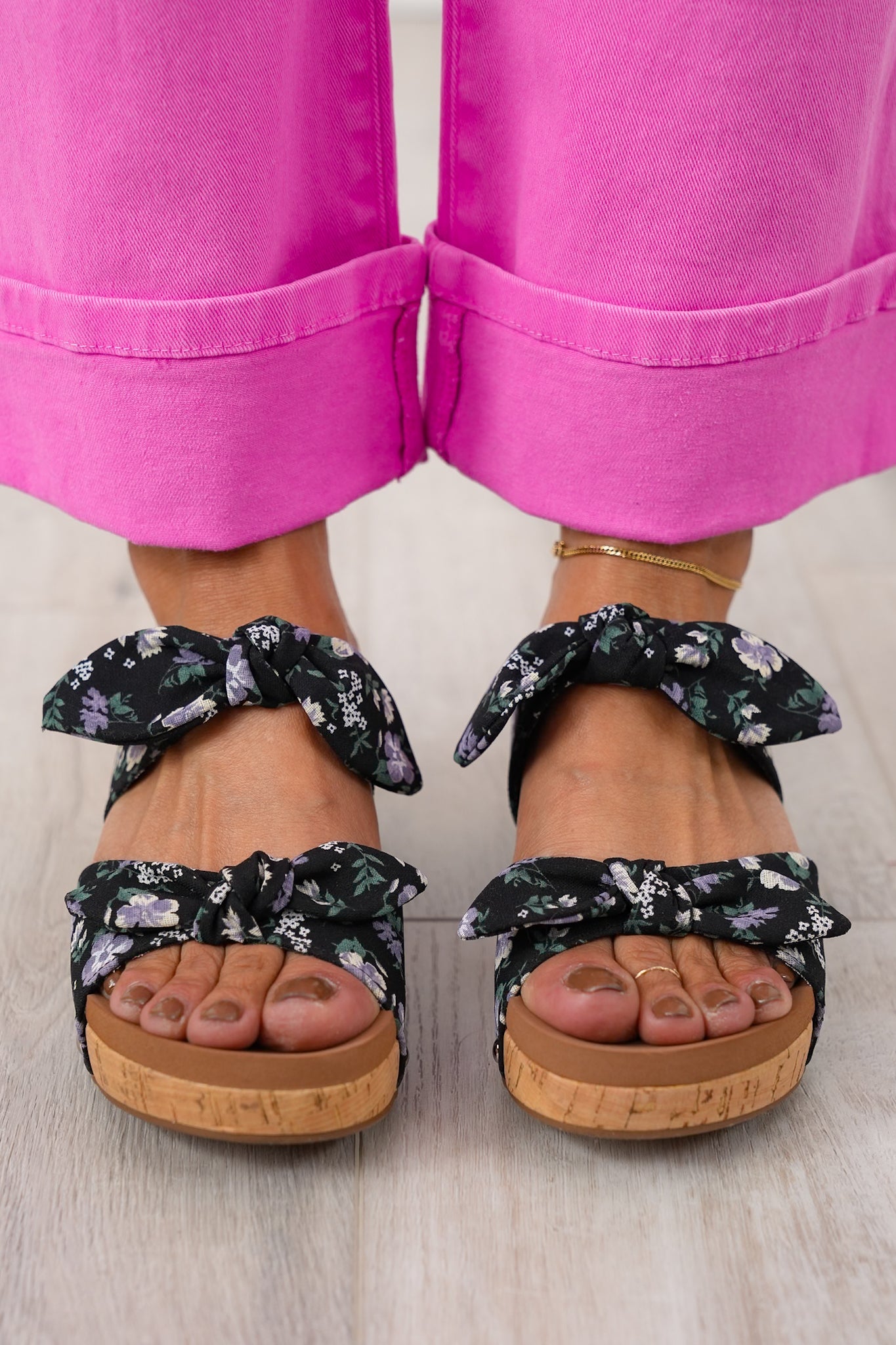Corky's "Sittin Pretty" Black Floral Cork Wedge Heel with Tied Straps