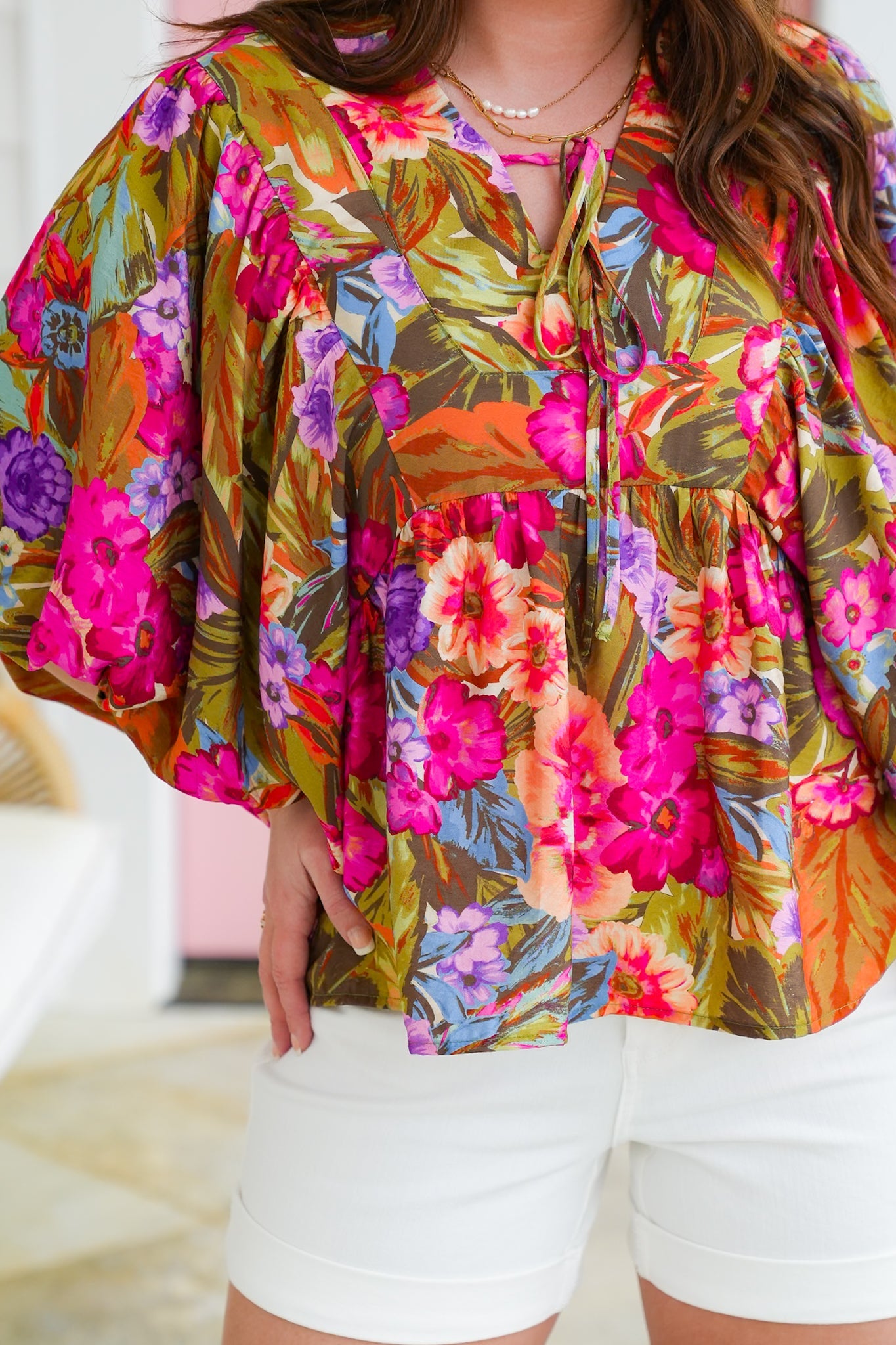 Plus/Reg Tropical Floral Print Dolman Sleeve V Neck Top