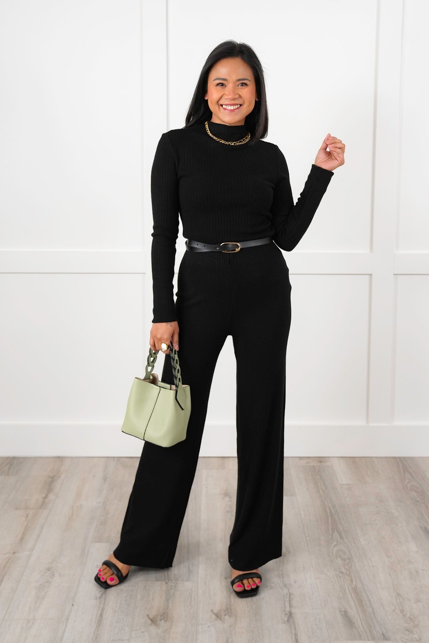 Ribbed Knit Long Sleeve Top and Wide Leg Pants Set