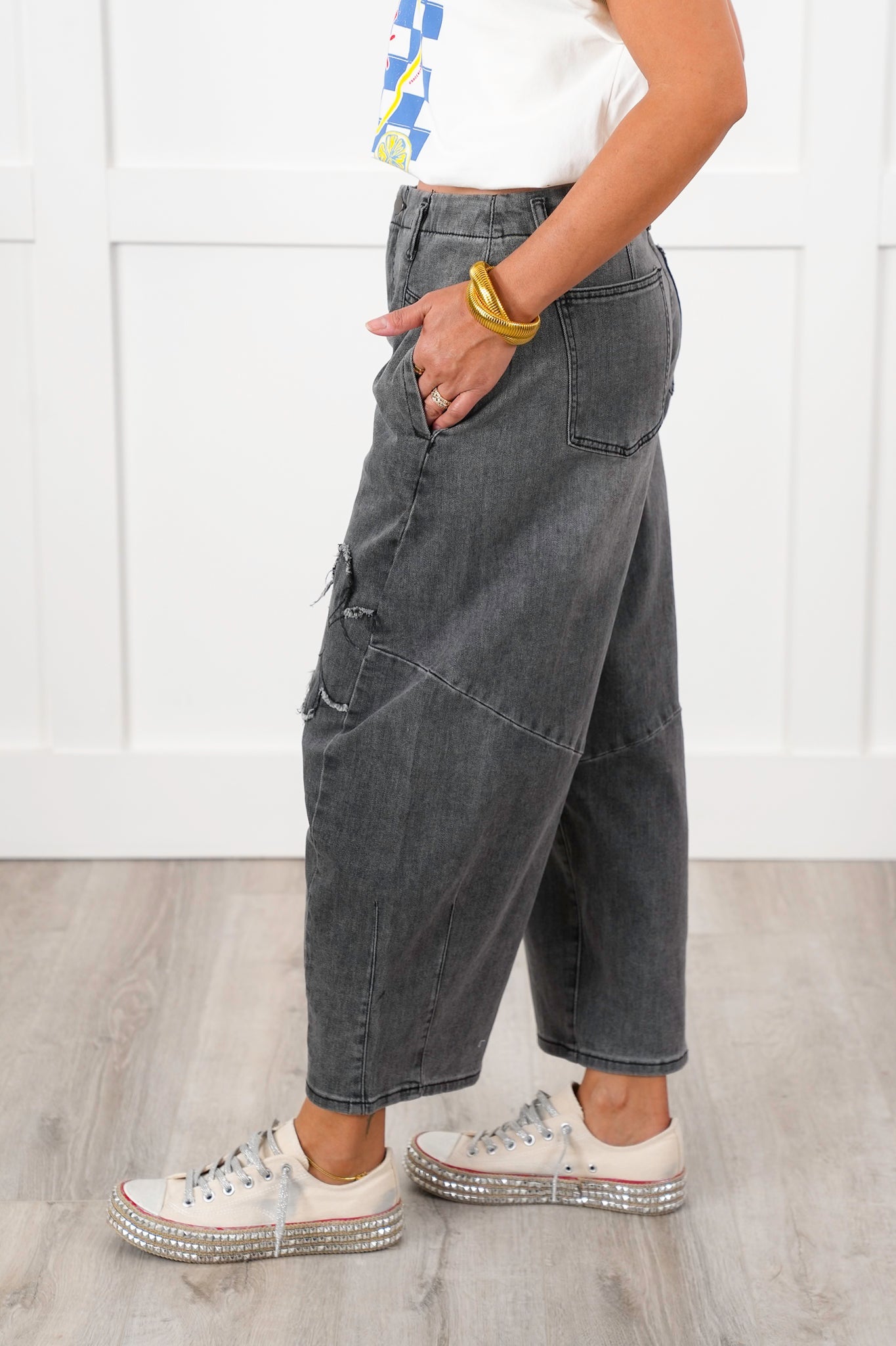 Washed Denim Barrell Jeans with Flower Patch Detail