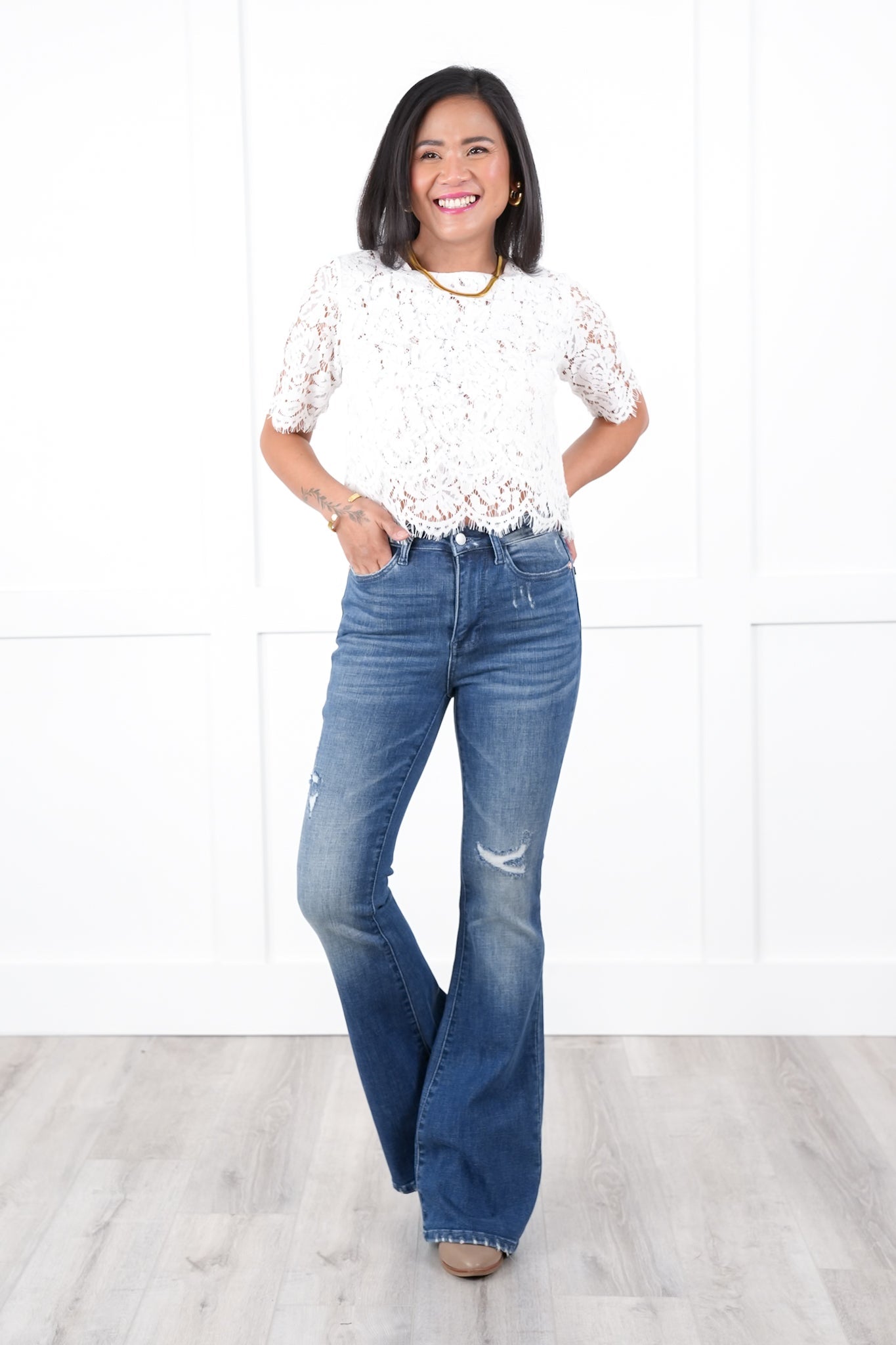 Judy Blue High Rise Dark Wash with Contrast Distressed Flare Jeans