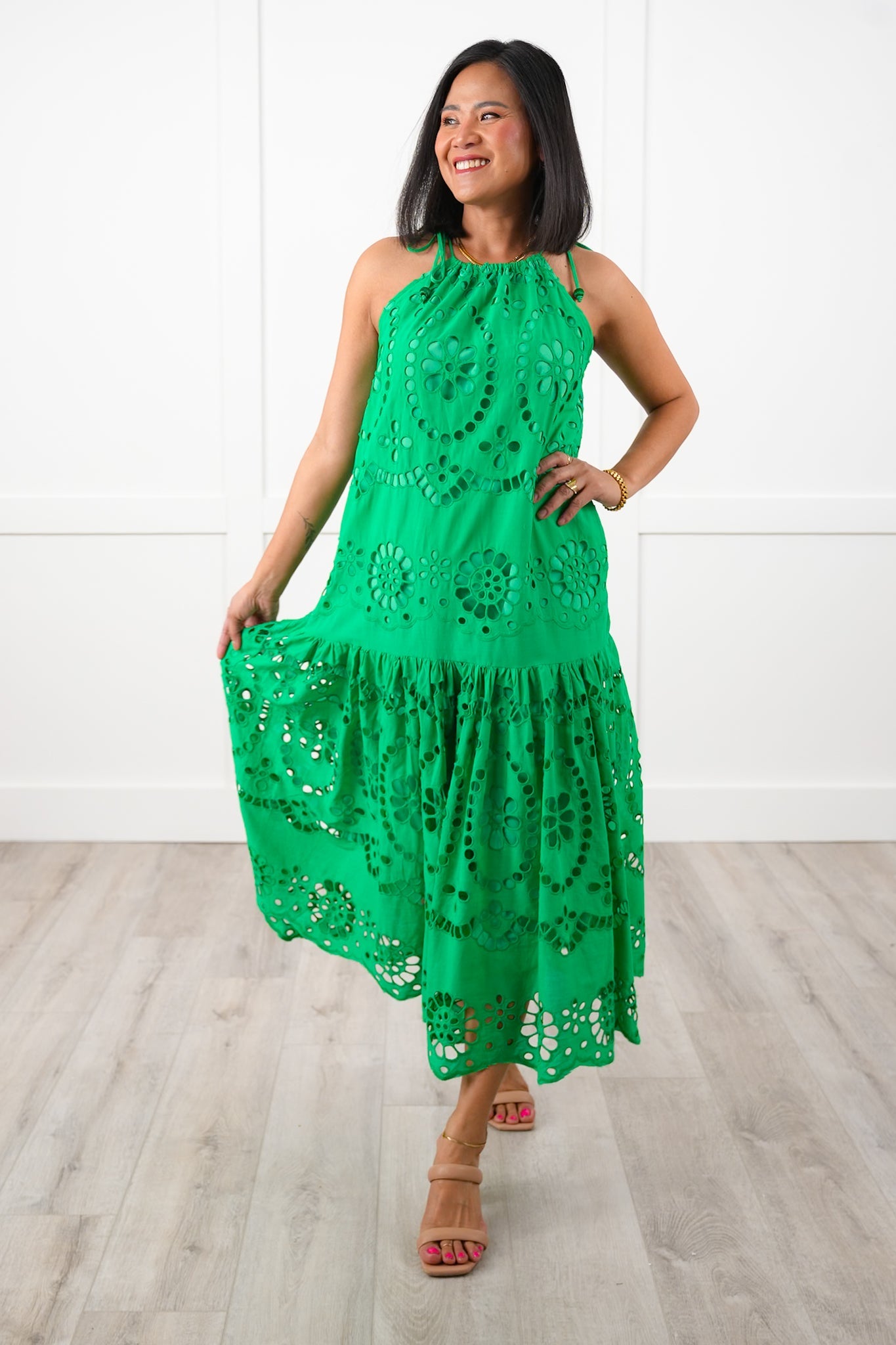 Sleeveless Eyelet Maxi Dress with Adjustable Shoulder Straps