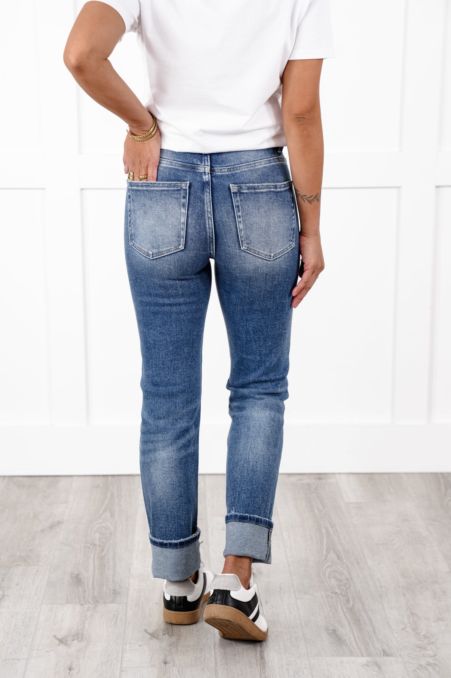 Risen High Rise Medium Wash Tummy Control Straight Leg Cuffed Jeans