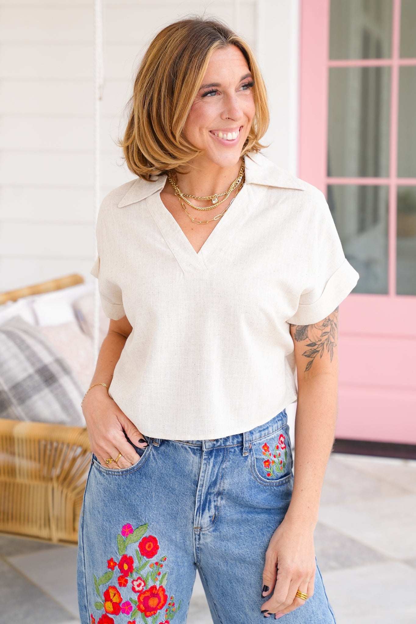 Linen Short Sleeve V Neck Top