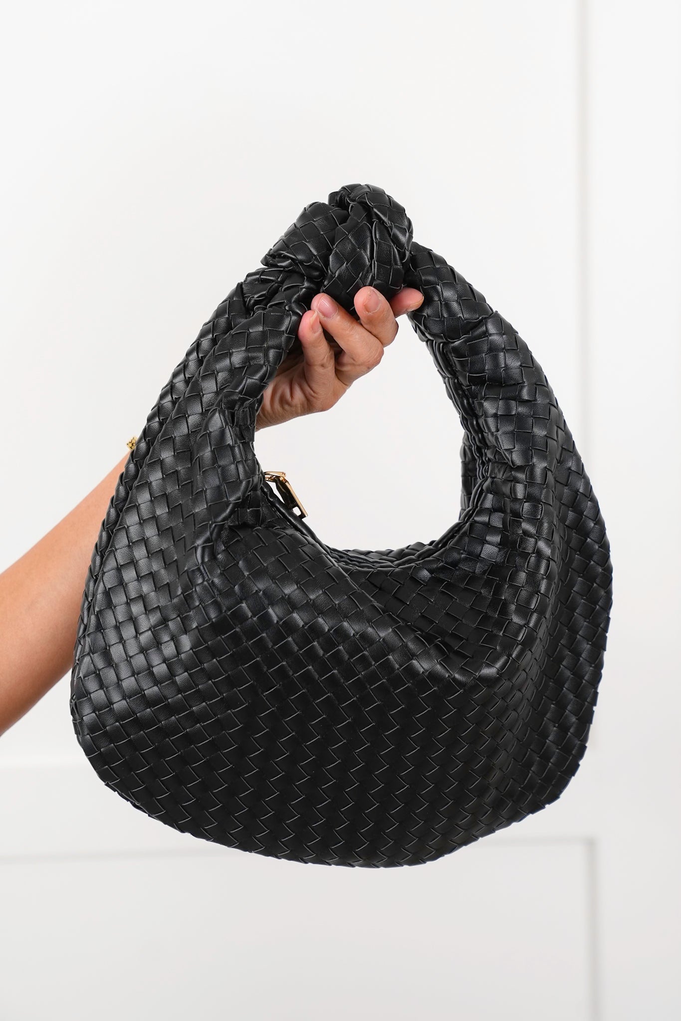 Black Vegan Leather Woven Hobo Bag