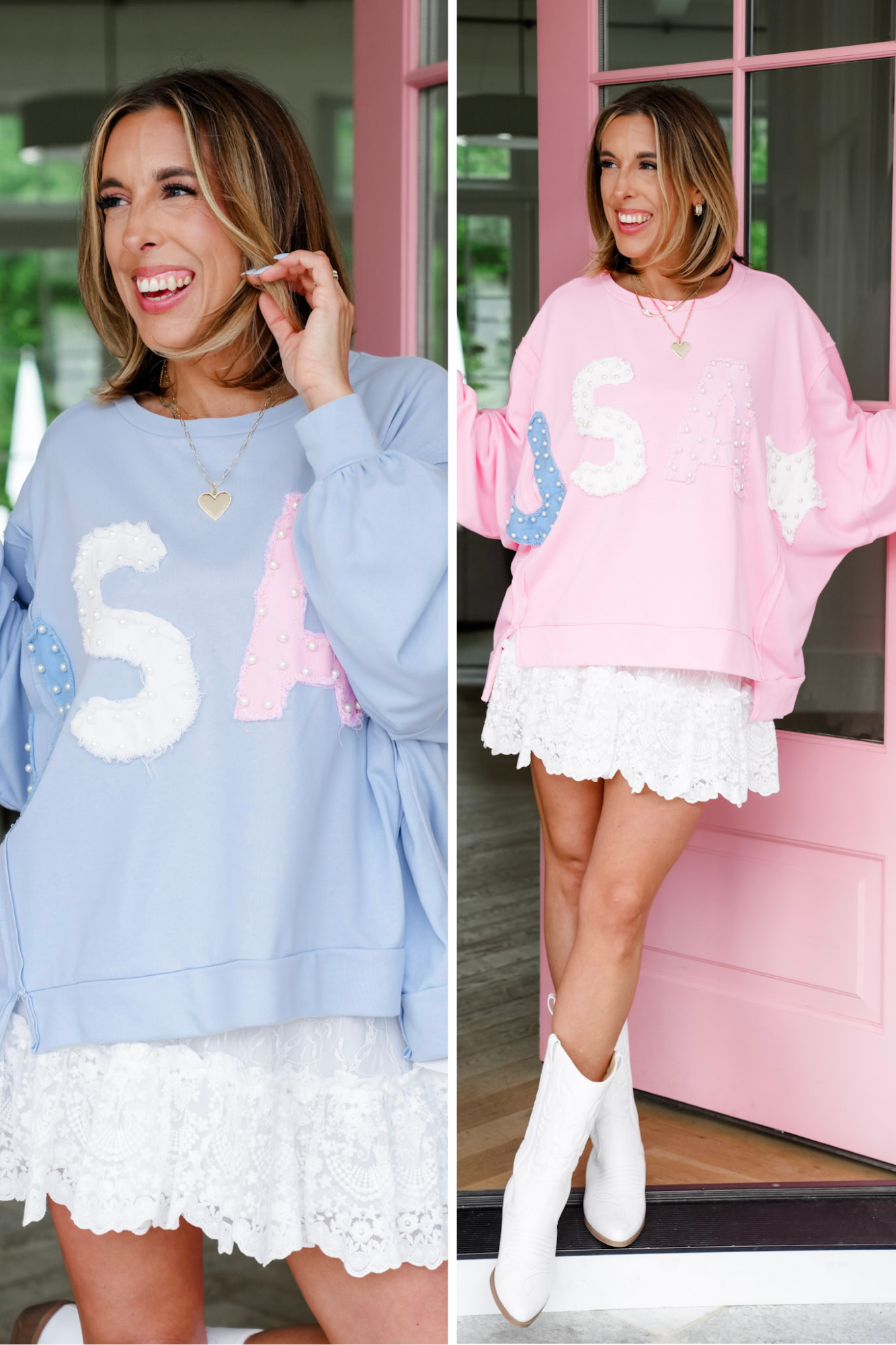 Long Sleeve "USA" Patch Pullover with Pearl Detail