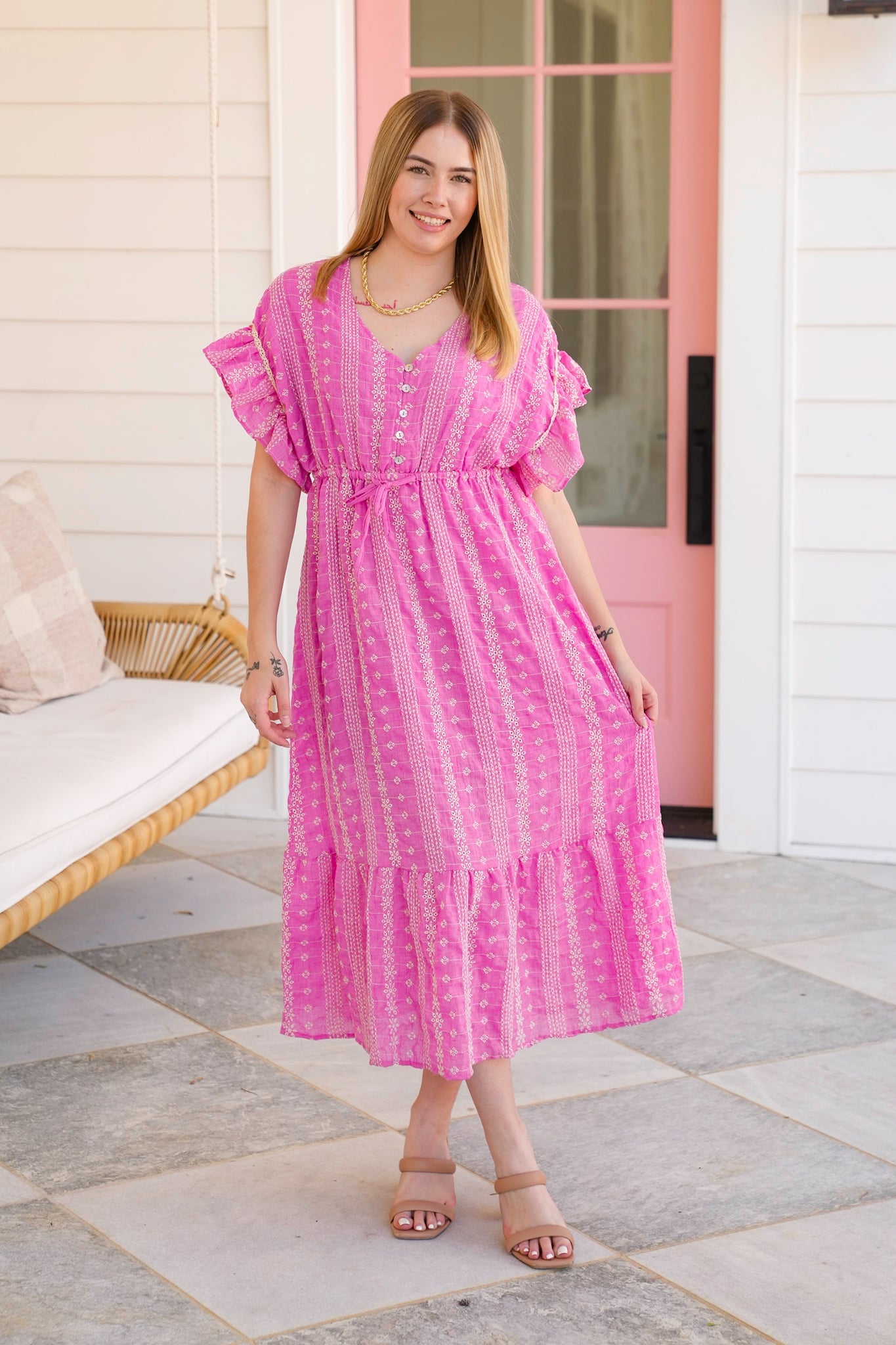 Embroidered Boho Short Ruffle Sleeve Midi Dress
