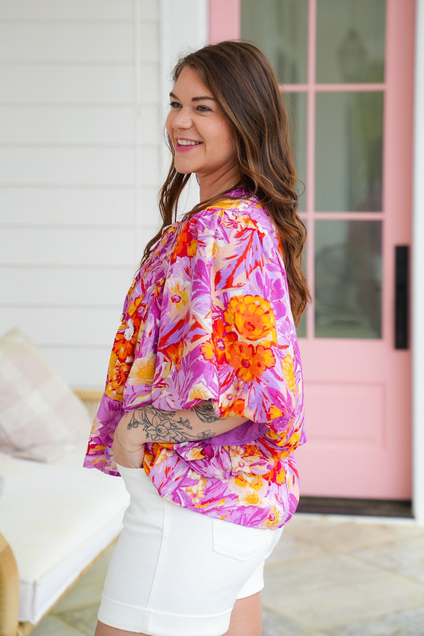Plus/Reg Tropical Floral Print Dolman Sleeve V Neck Top