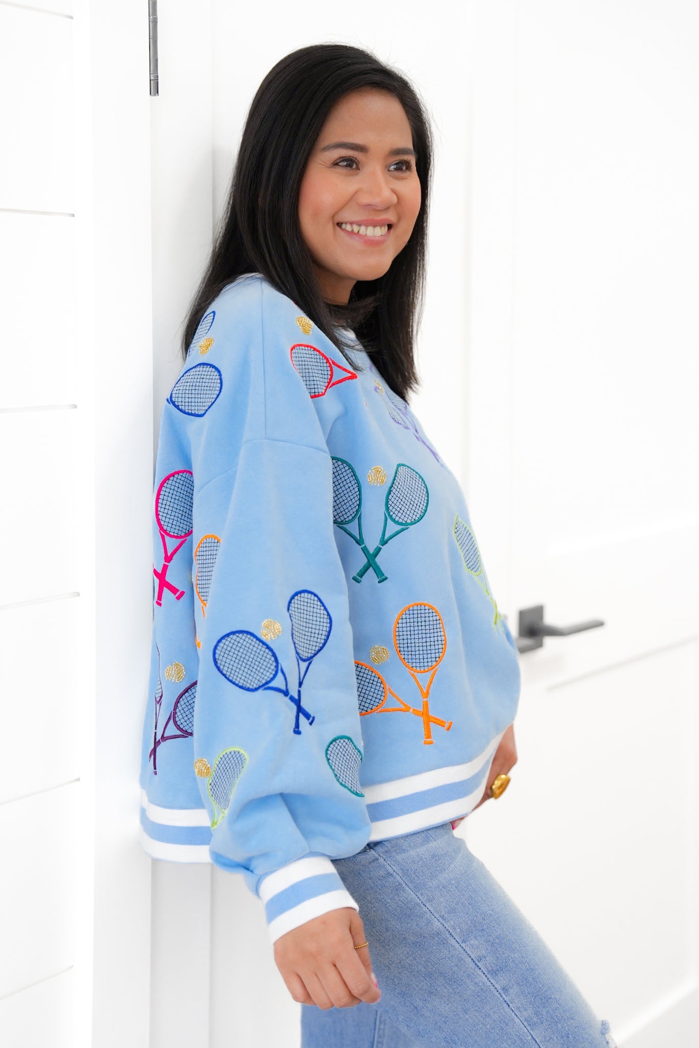 Plus/Reg Queen Of Sparkles Long Sleeve Sweatshirt With Tennis Detail