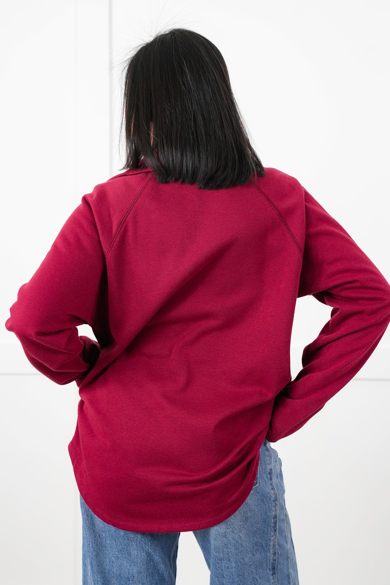 Burgundy Long Sleeve Mock Neck Zip Up Top with Side Pockets