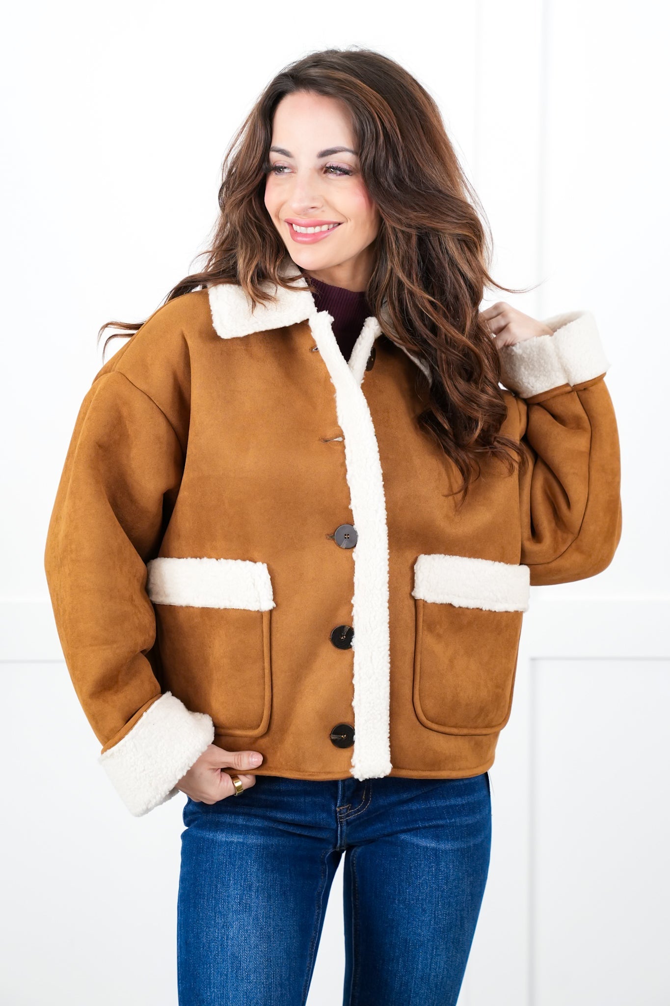 Plus/Reg Vegan Suede Long Sleeve Button Down Jacket with Sherpa Detail