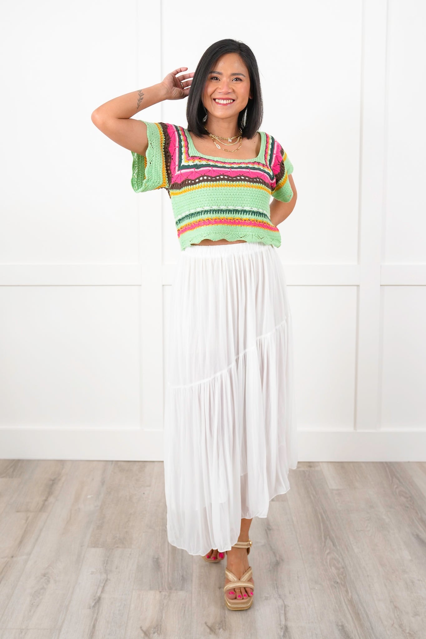 POL Multi Stripe Short Sleeve Square Neck Crop Sweater Top