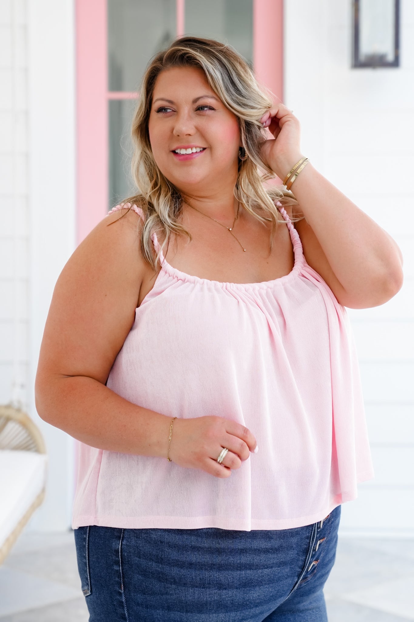 Blush Flowy Sleeveless Tank Top Blouse with Braided Strap Detail
