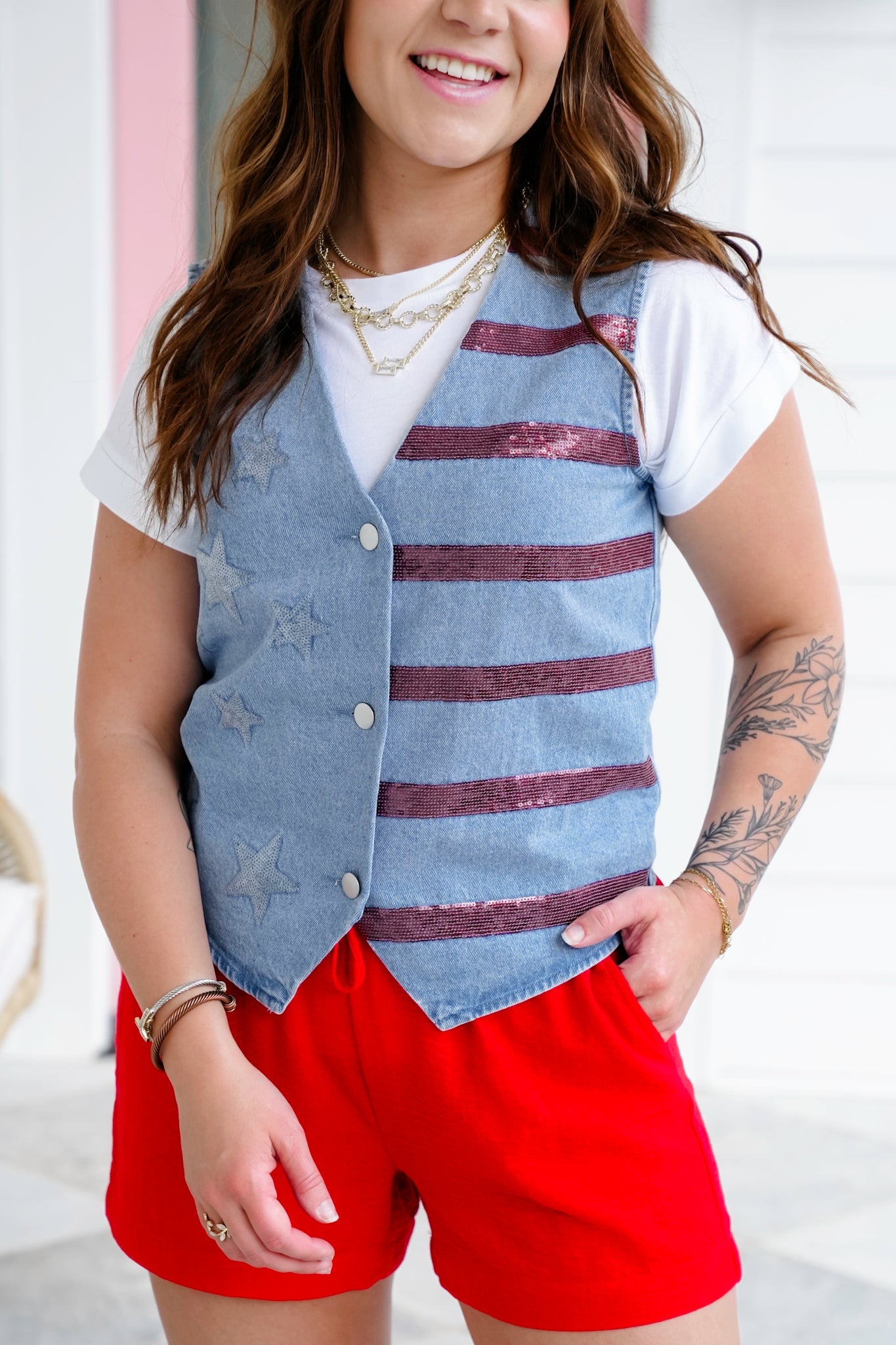 Denim Sleeveless Button Up Vest with Stars & Stripe Sequin Detail