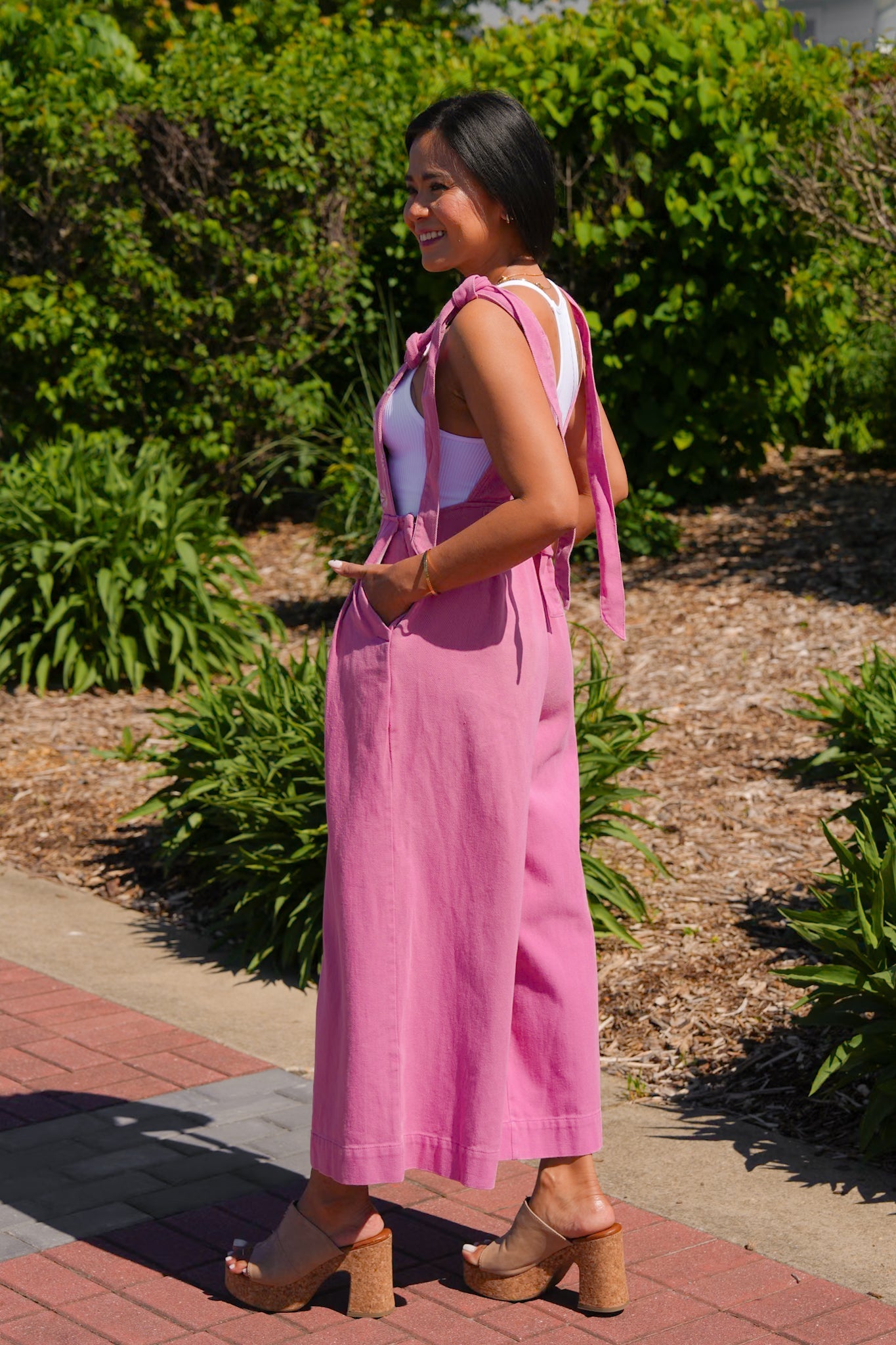 Plus/Reg Pink Wide Leg Overalls With Daisy Embroidered Detail