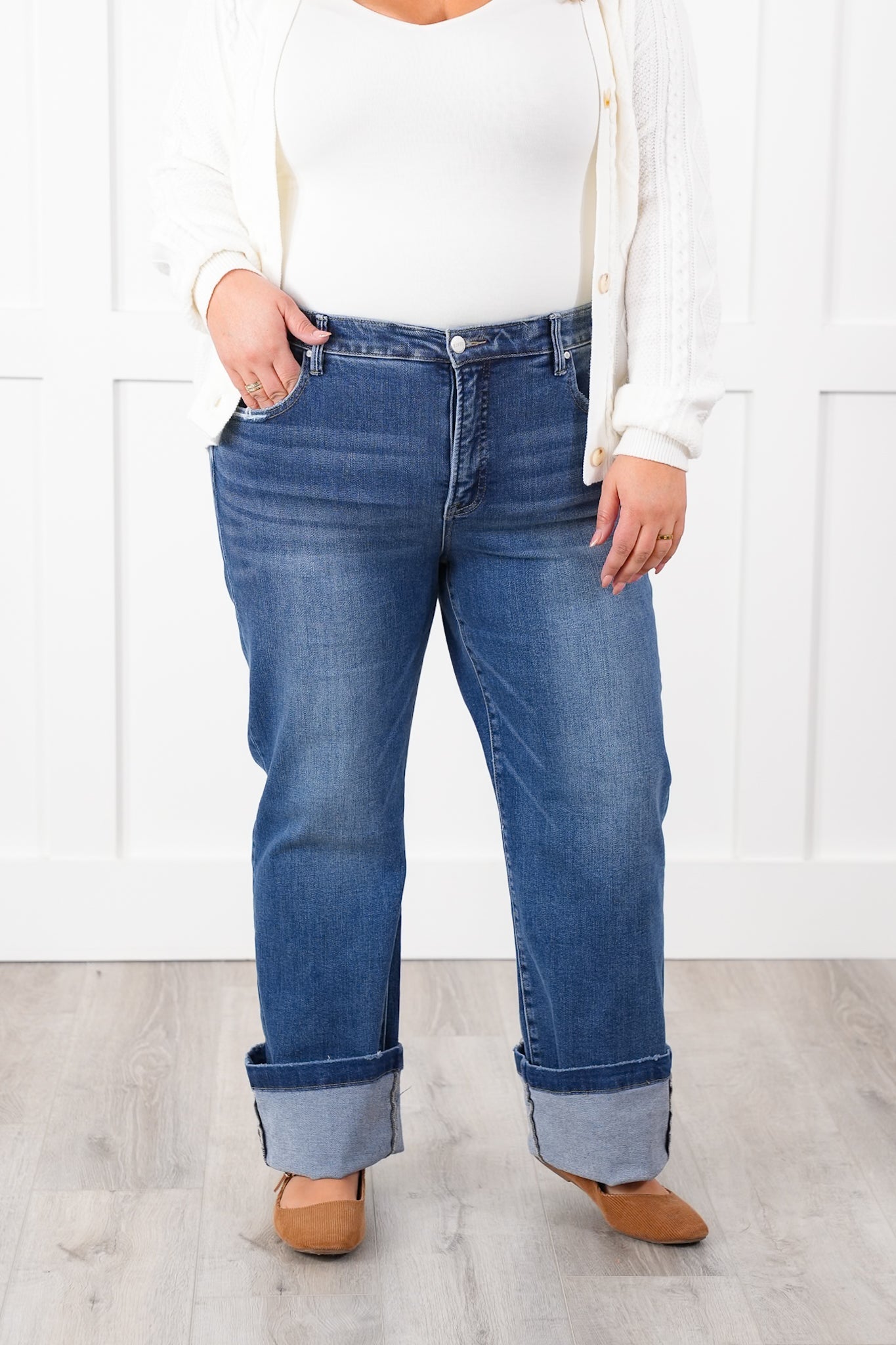 Risen Mid Rise Medium Wash Tummy Control Elastic Waistband Straight Leg Jeans