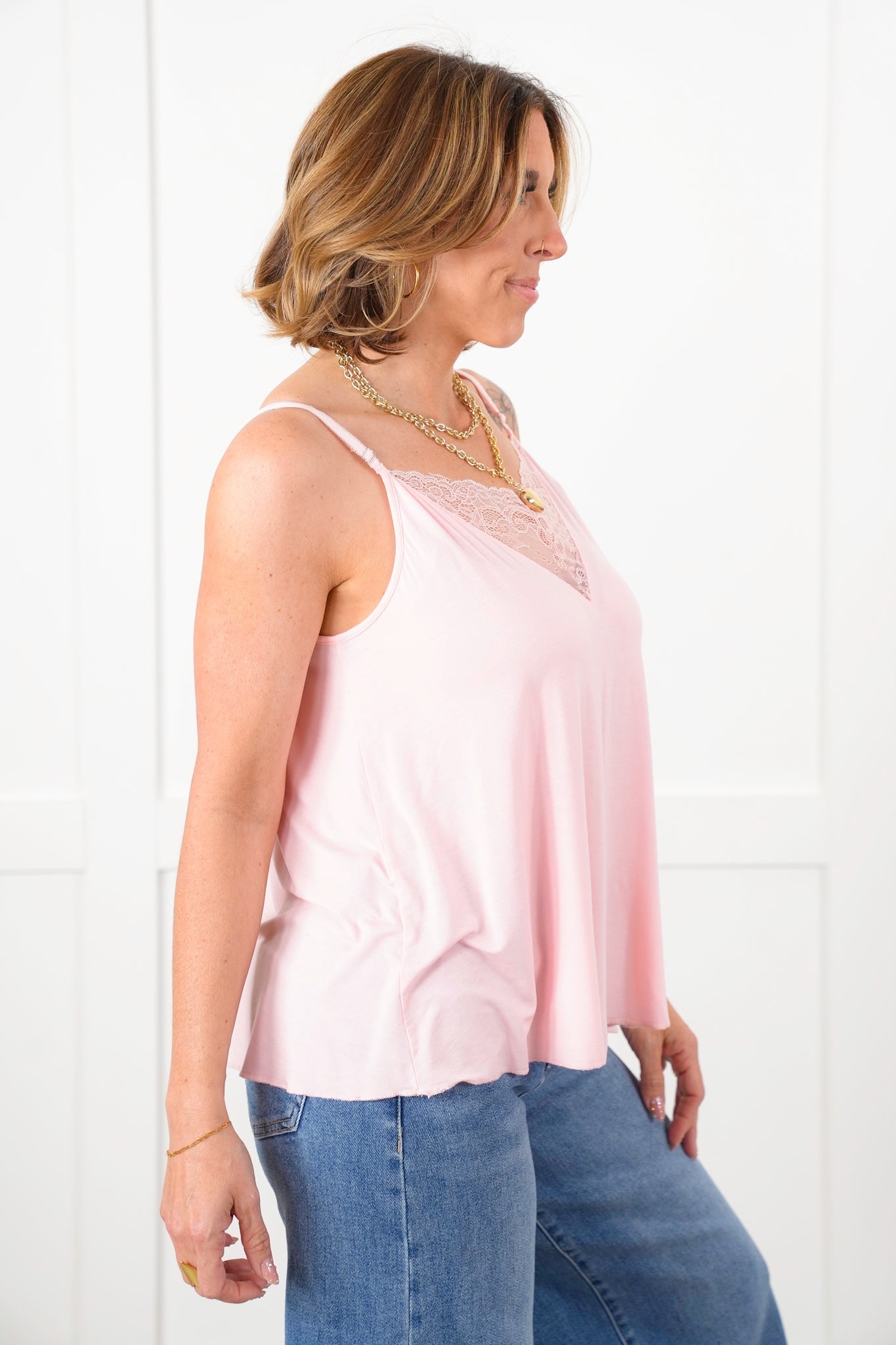 POL Sleeveless V Neck Tank Top with Lace Detail