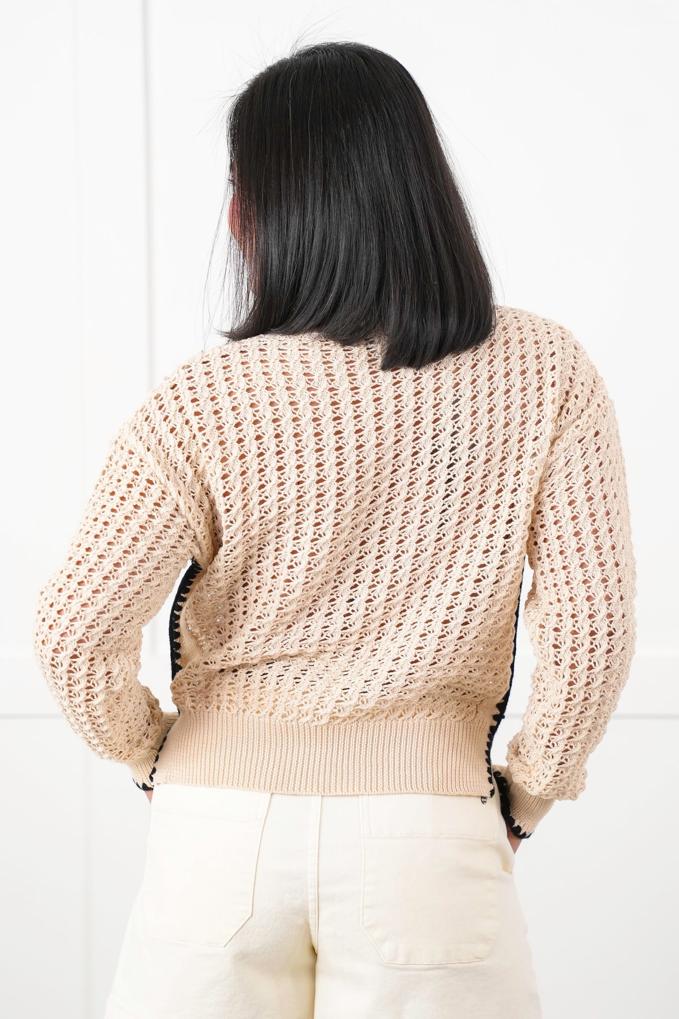 Plus/Reg Natural Loose Knit Long Sleeve Pullover Top with Trim Detail