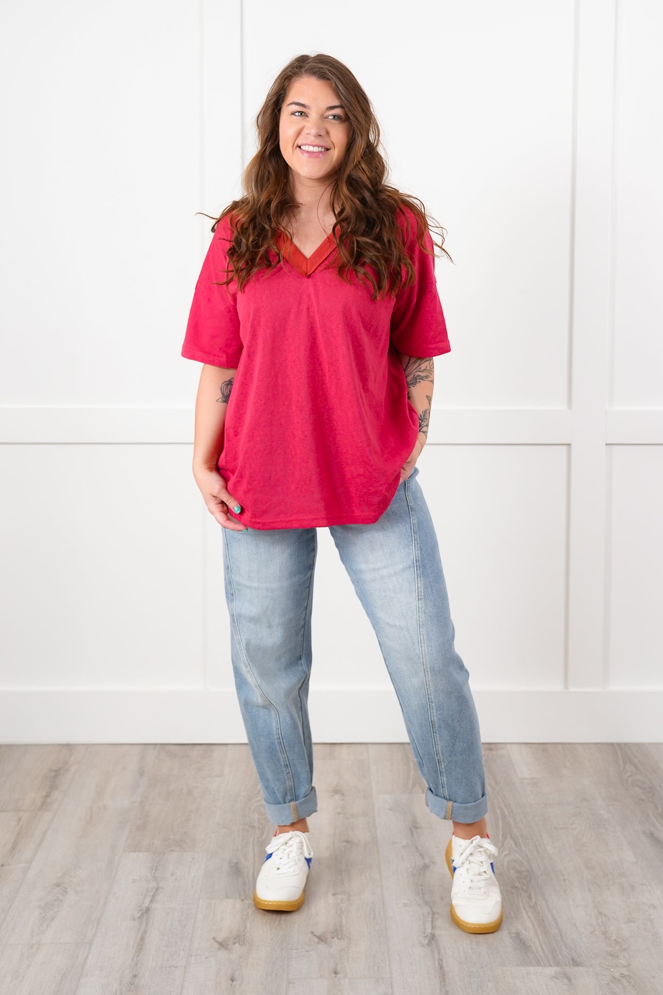 POL Stone Wash Short Sleeve V-Neck Top