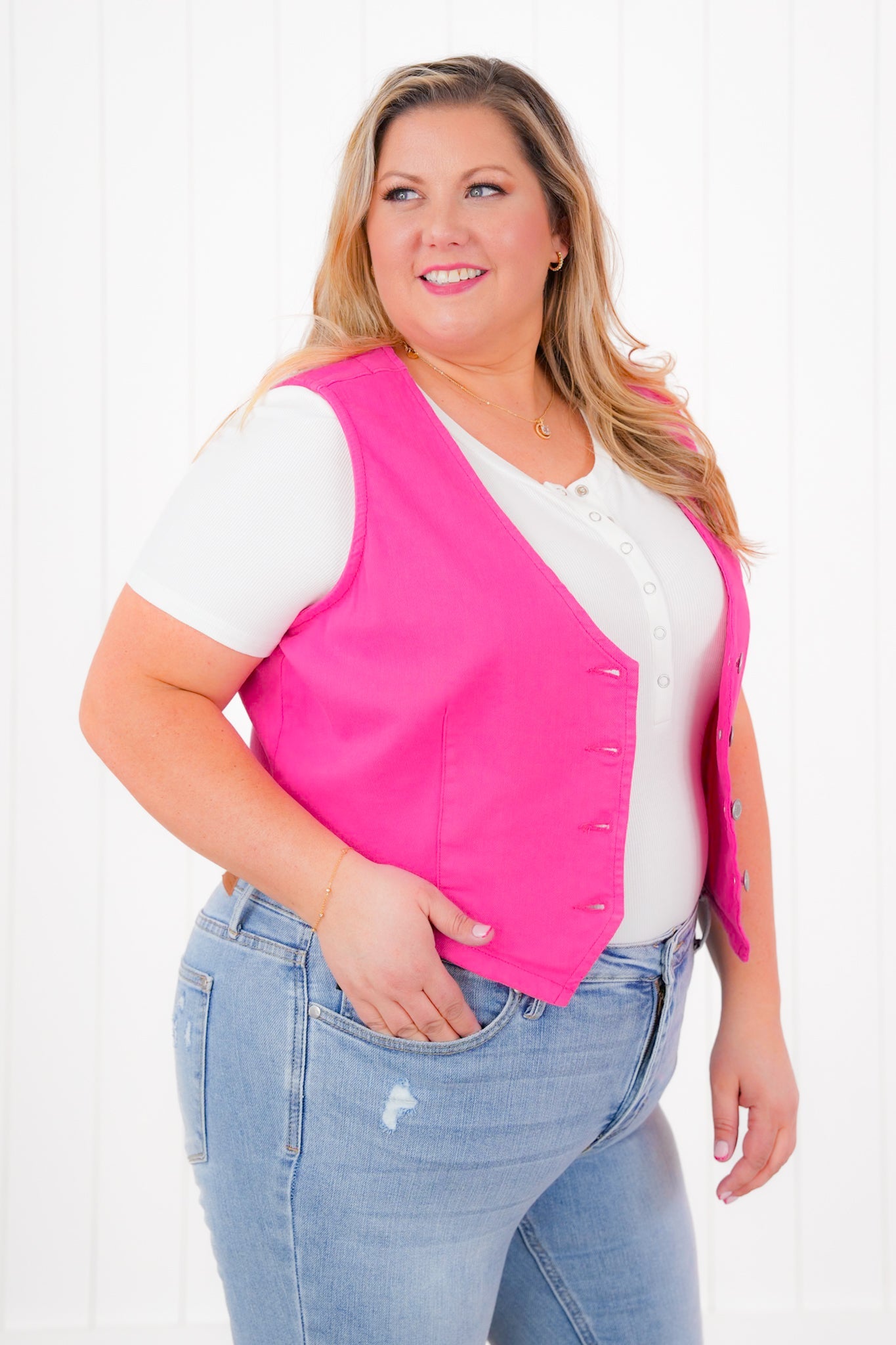 Plus/Reg Judy Blue Colored Denim Button Down Vest (Multiple Colors)