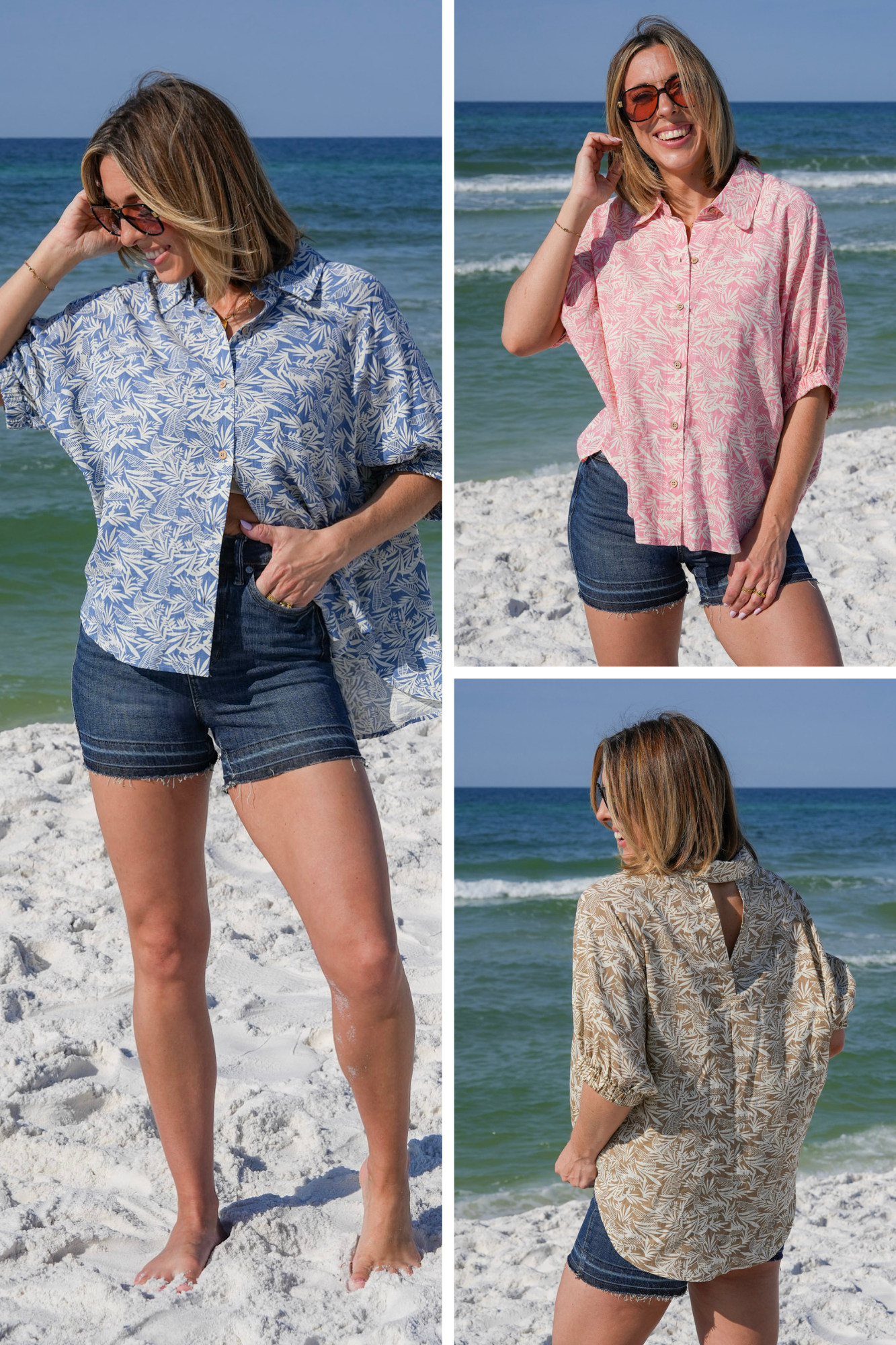 Tropical Print Short Doman Sleeve Button Down Top with Back Cut Out Detail