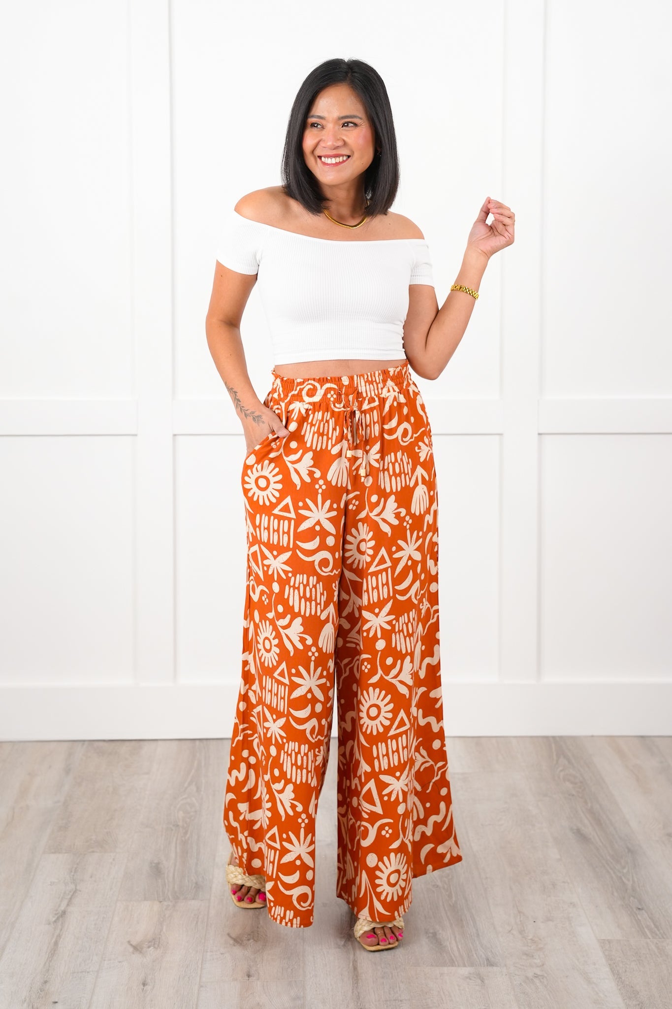 Plus/Reg Tropical Print Elastic Waist Wide Leg Pants
