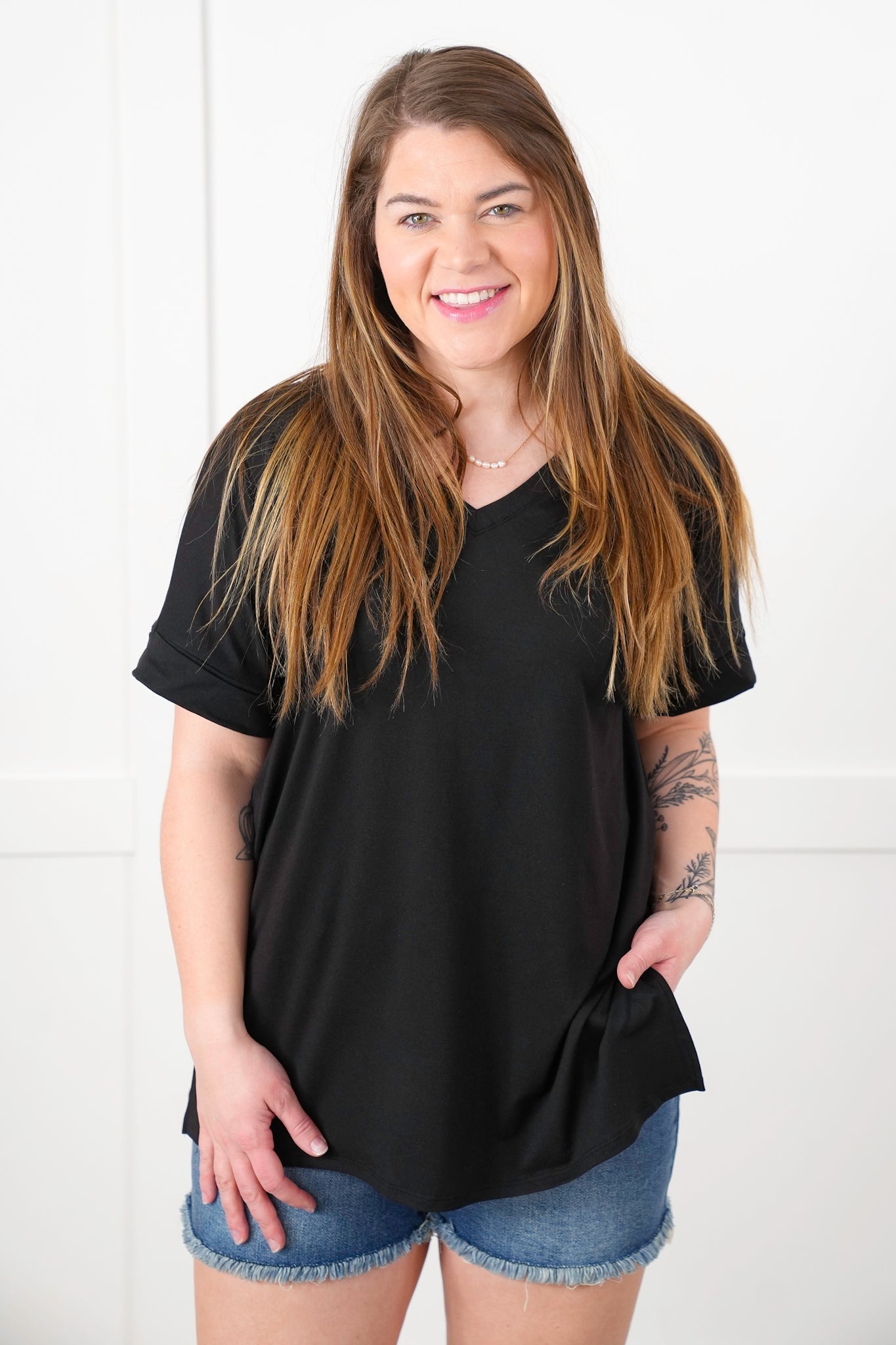 Door Buster! Zenana Rolled Short Sleeve V-Neck Top with Side Slit High-Low Hem