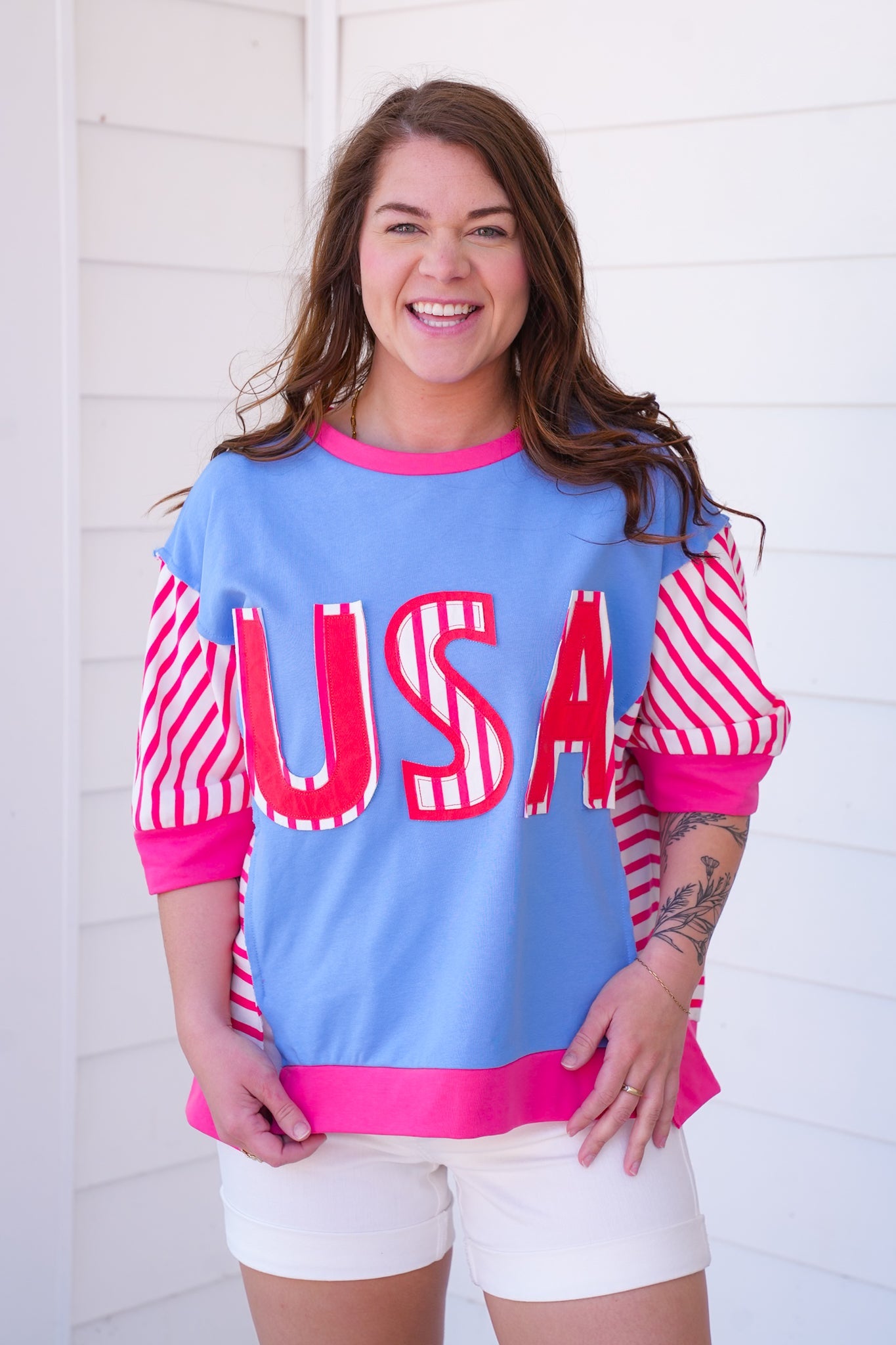 Restock! USA Lettering Patchwork Short Sleeve Pullover Top