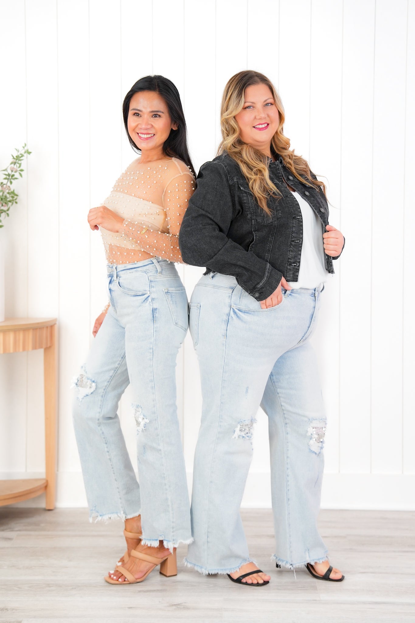 Risen High Rise Acid Wash Sequin Knee Patches Relaxed Straight Leg Jeans