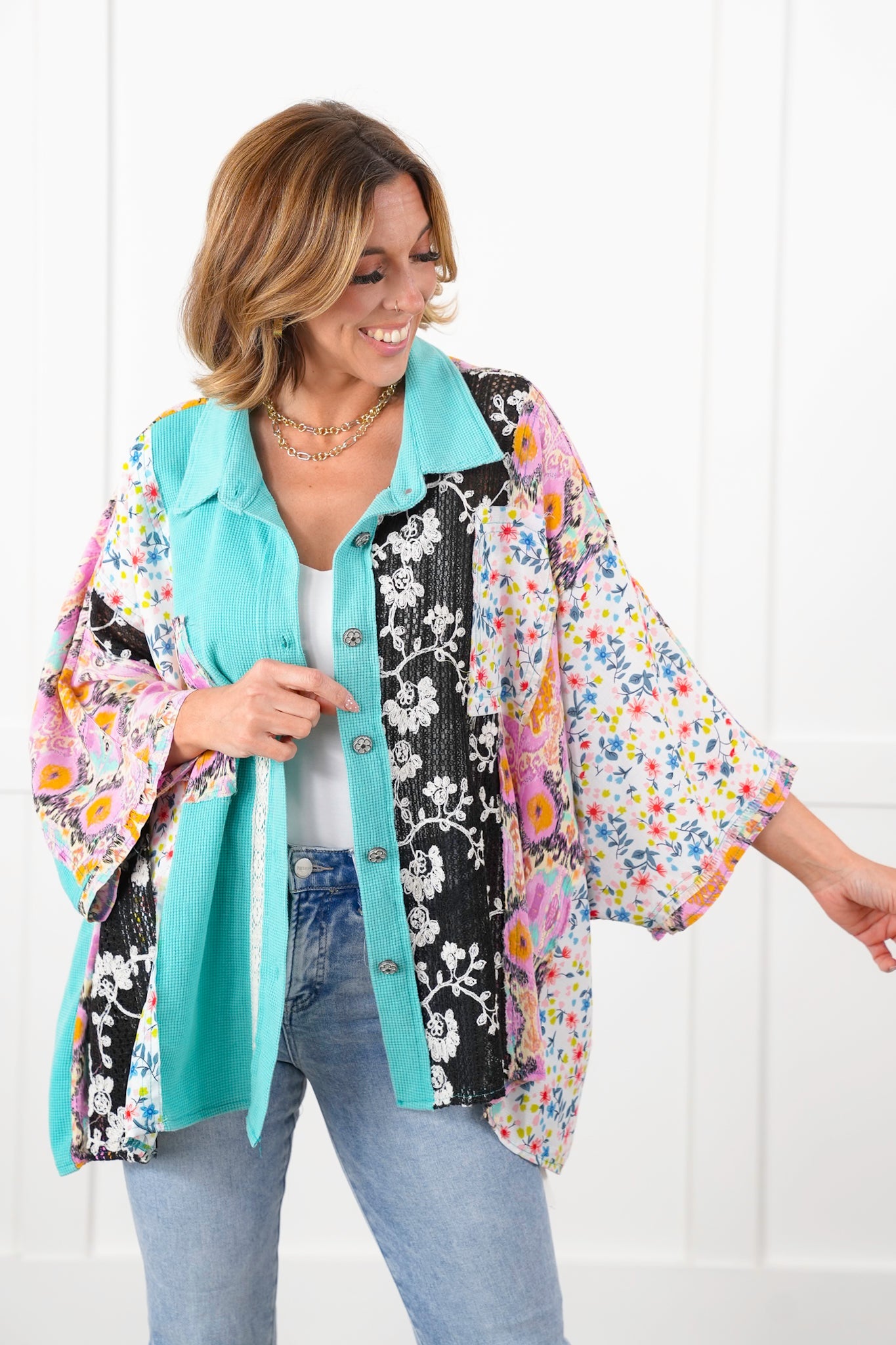 POL Thermal Long Dolman Sleeve Button Down Top with Contrast Print Detail