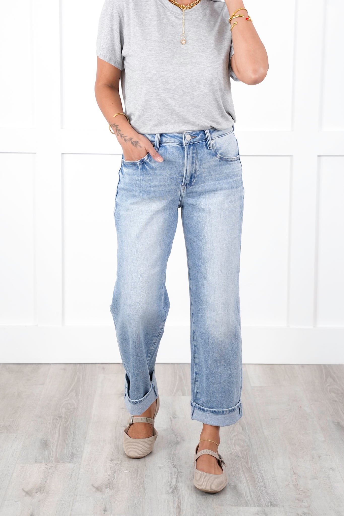 Risen High Rise Light Wash Ankle Barrel Jeans with Cuff