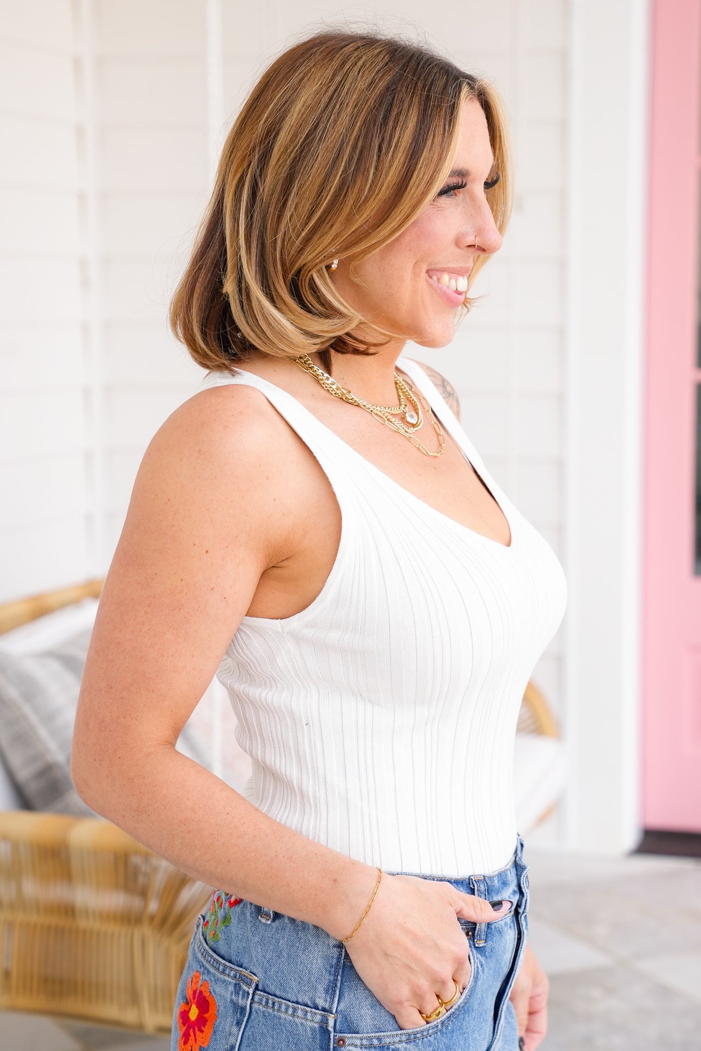 Sleeveless Double V Neck Ribbed Knit Top